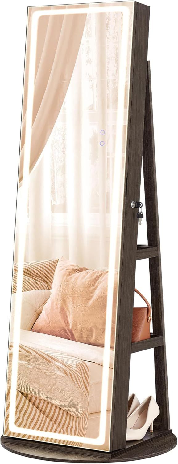 LED Mirror Jewelry Cabinet Standing, Lockable Jewelry Armoire with Full-Length Mirror and Adjustable LED Lights, Space-Saving Jewelry Organizer with Mirror, Gift Idea, Ash Brown UJJC008K02