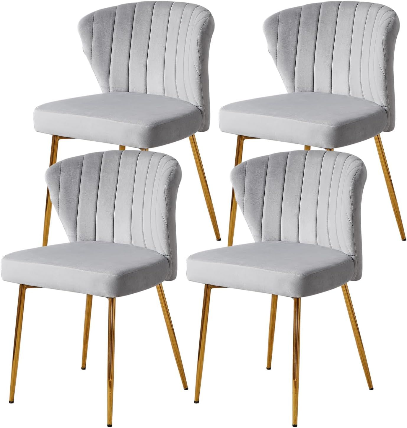 Velvet Dining Chairs Set of 4, Modern Dining Chairs with Golden Metal Legs, Tufted Upholstered Dining Chairs for Dining Room/Kitchen/Vanity, Grey