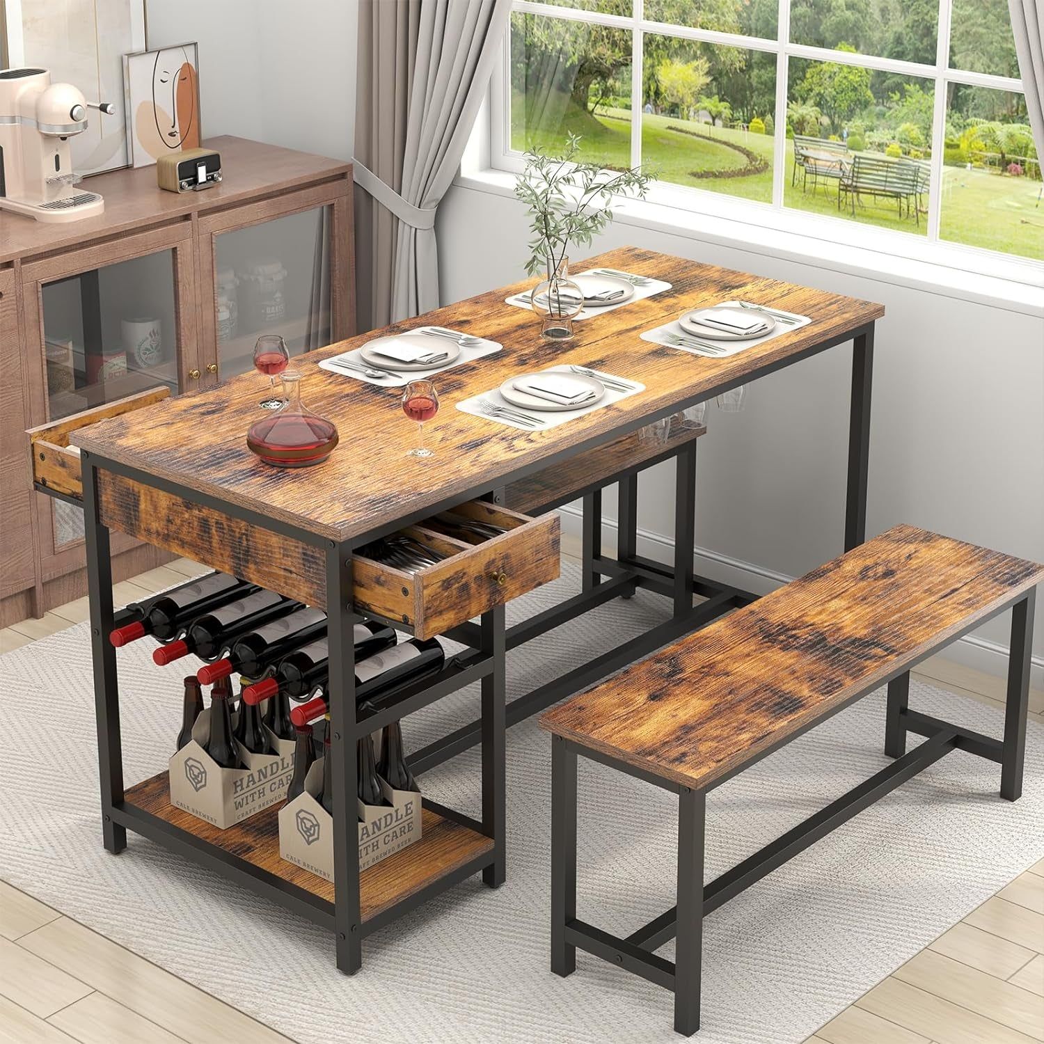 Elegant Rustic Dining Table Set for 4-6 with Storage Drawer, Wine Rack &amp; Glass Holder - 54.7&quot; Kitchen Dinner Table with 2 Benches
