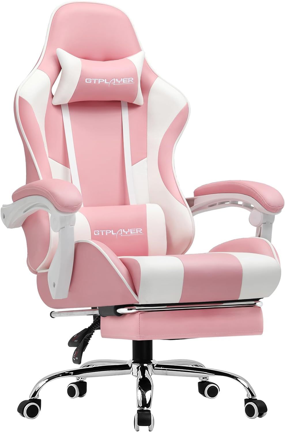 Gaming Chair, Computer Chair with Footrest and Lumbar Support, Height Adjustable Game Chair with 360°-Swivel Seat and Headrest and for Office or Gaming (Faux Leather, Pink)