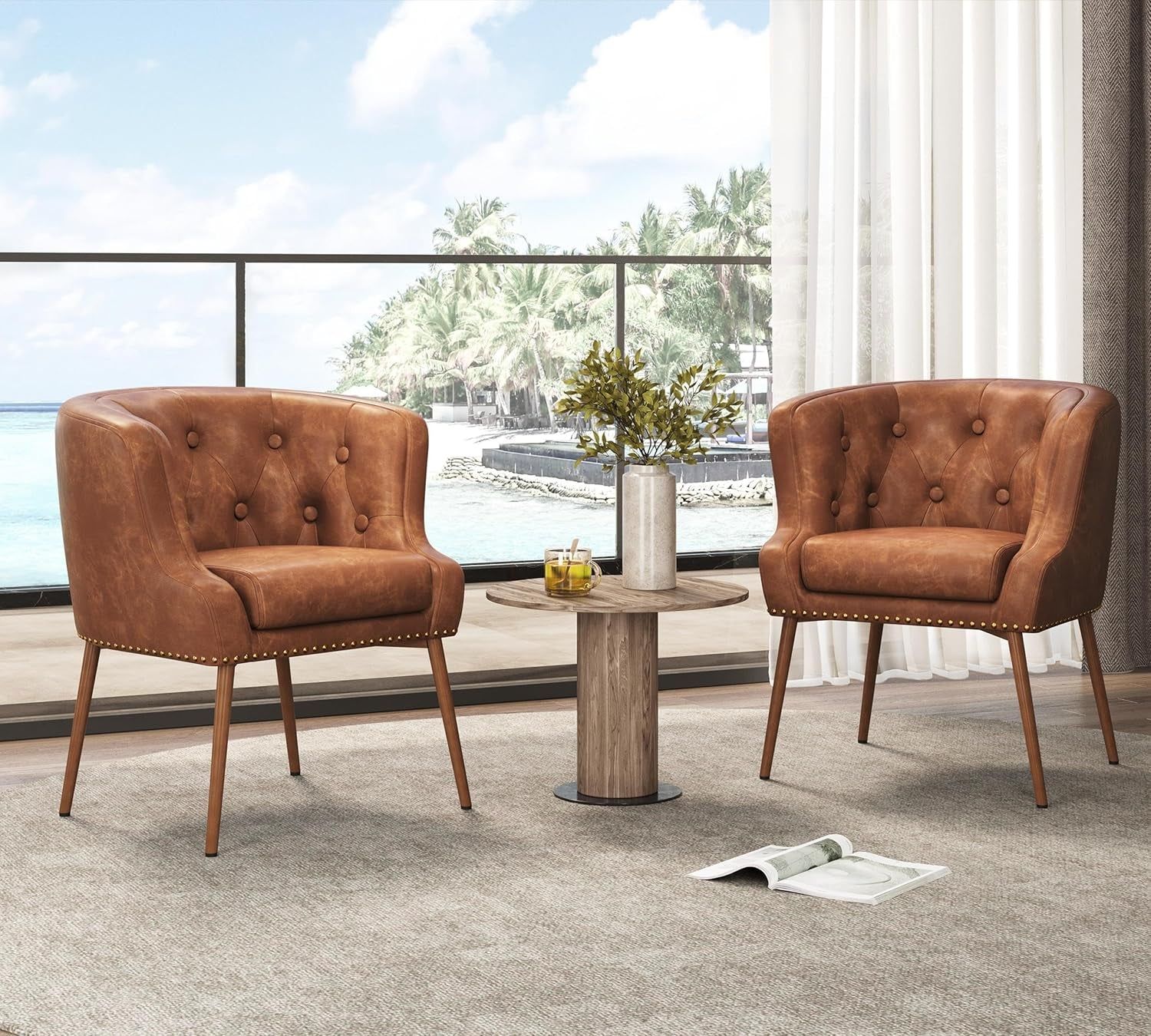 Modern Accent Chair, PU Leather Retro Armchair, Upholstered Barrel Chair with Metal Leg and Comfy Seat Cushion for Living Room Bedroom, Retro Brown, Set of 2