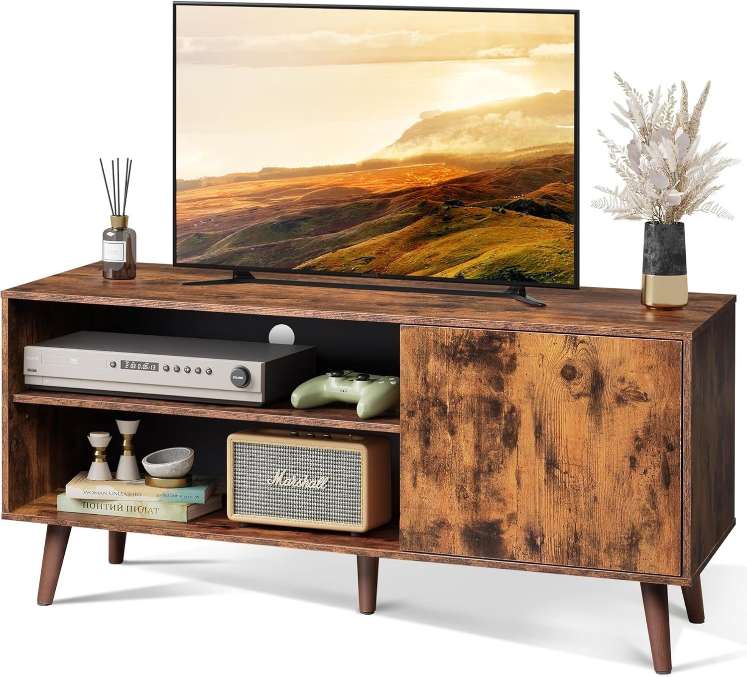 TV Stand for 55 Inch Tvs, Entertainment Center with Storage Cabinet, Mid-Century TV Stands for Living Room and Bedroom, 50&quot; TV Console, Brown
