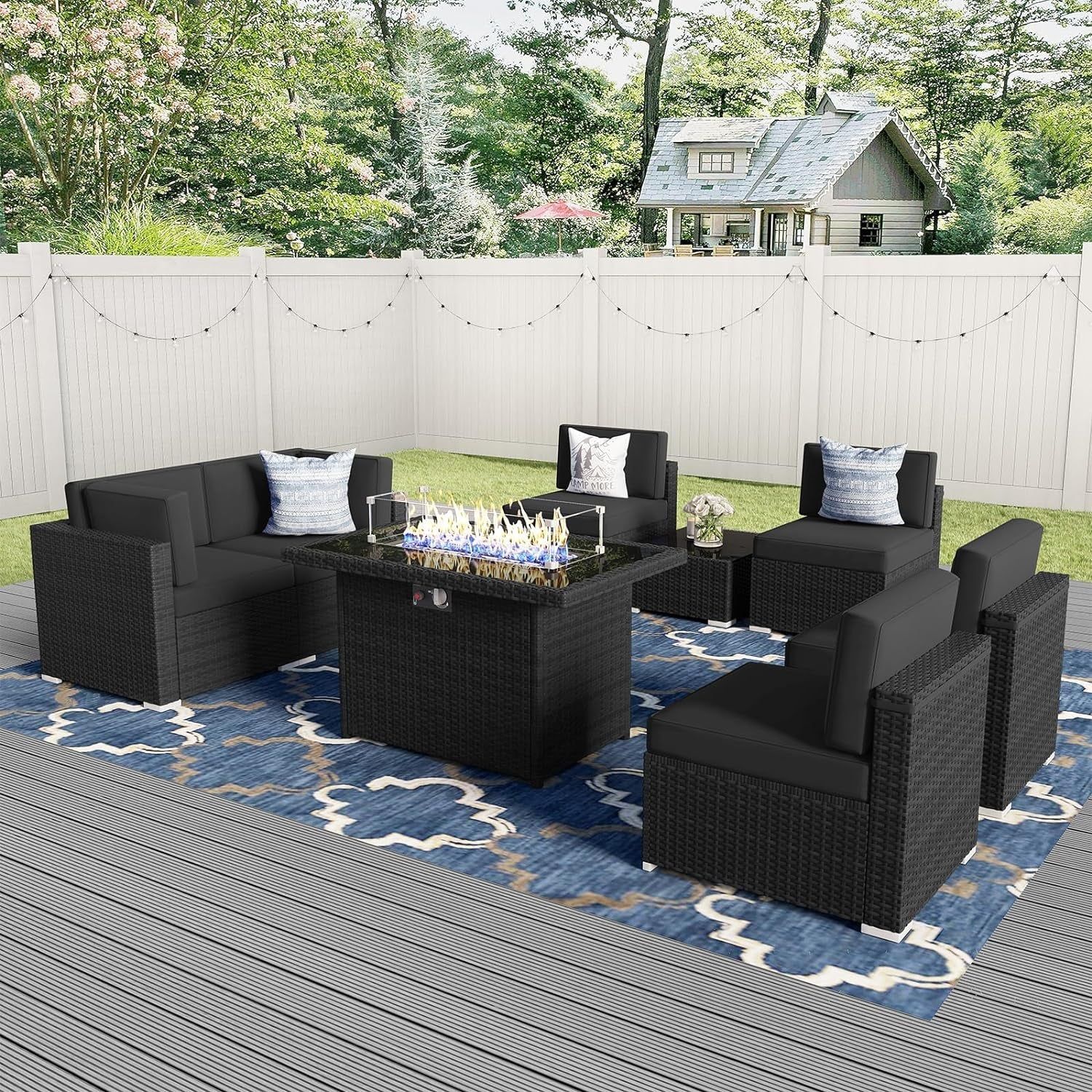 8 Pieces Patio Furniture Set with 44&quot; Propane Gas Fire Pit Table, Outdoor Sectional Wicker Conversation Sofa Sets with Coffee Table