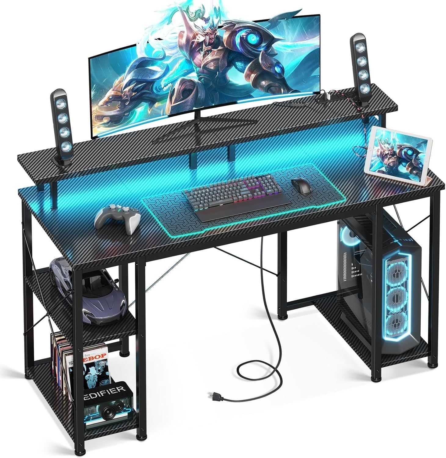 48 Inch Computer Desk with Power Outlets &amp; LED Lights, Gaming Desk with Monitor Stand &amp; Storage Sheves, Home Office Desk, Carbon Fiber Black