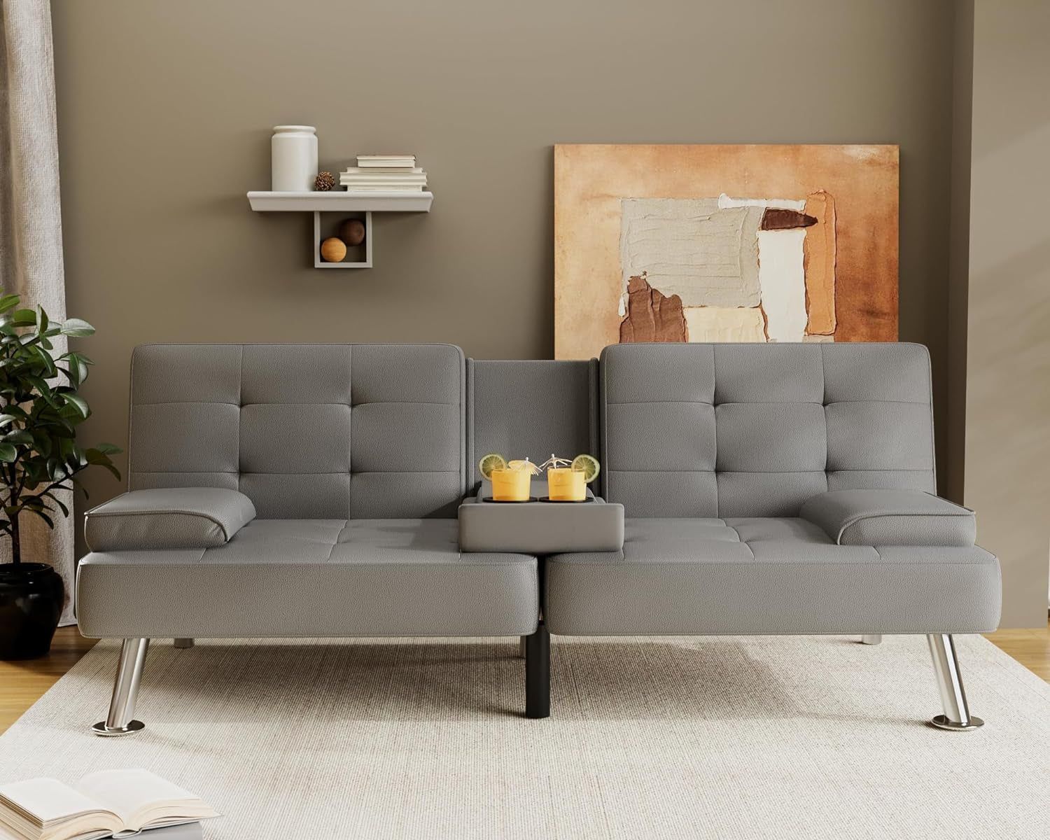 Futon Sofa Bed Modern Folding Futon Set PU Leather Convertible Recliner Lounge for Living Room with 2 Cup Holders, Removable Armrests (PU Leather, Grey)