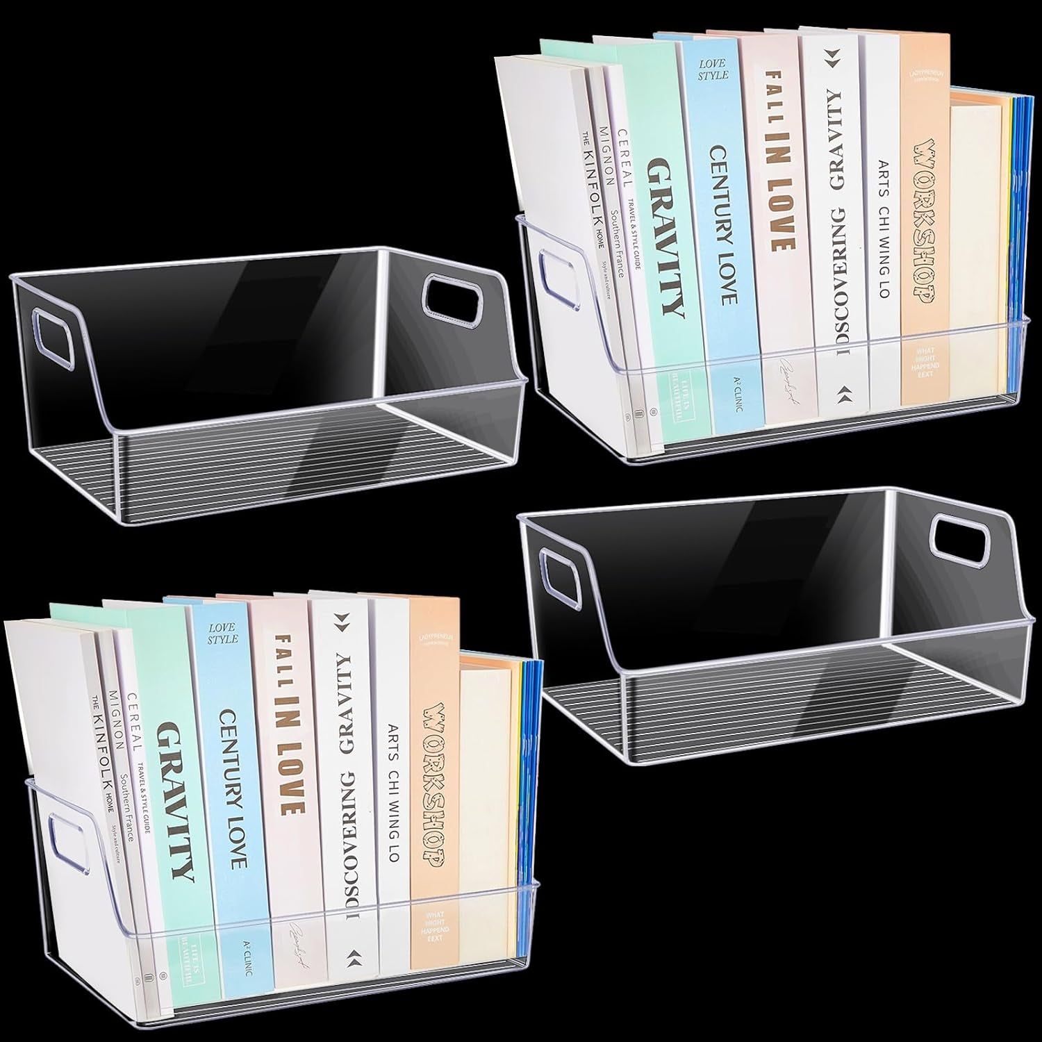 4 Pcs Clear Large Storage Book Display Case 13 X 8.5 X 5.9 Inch Book Organizer Stackable Bookcase Display Storage Containers with Handle Office Bookshelf Organizer Rack for Cds Magazine Books