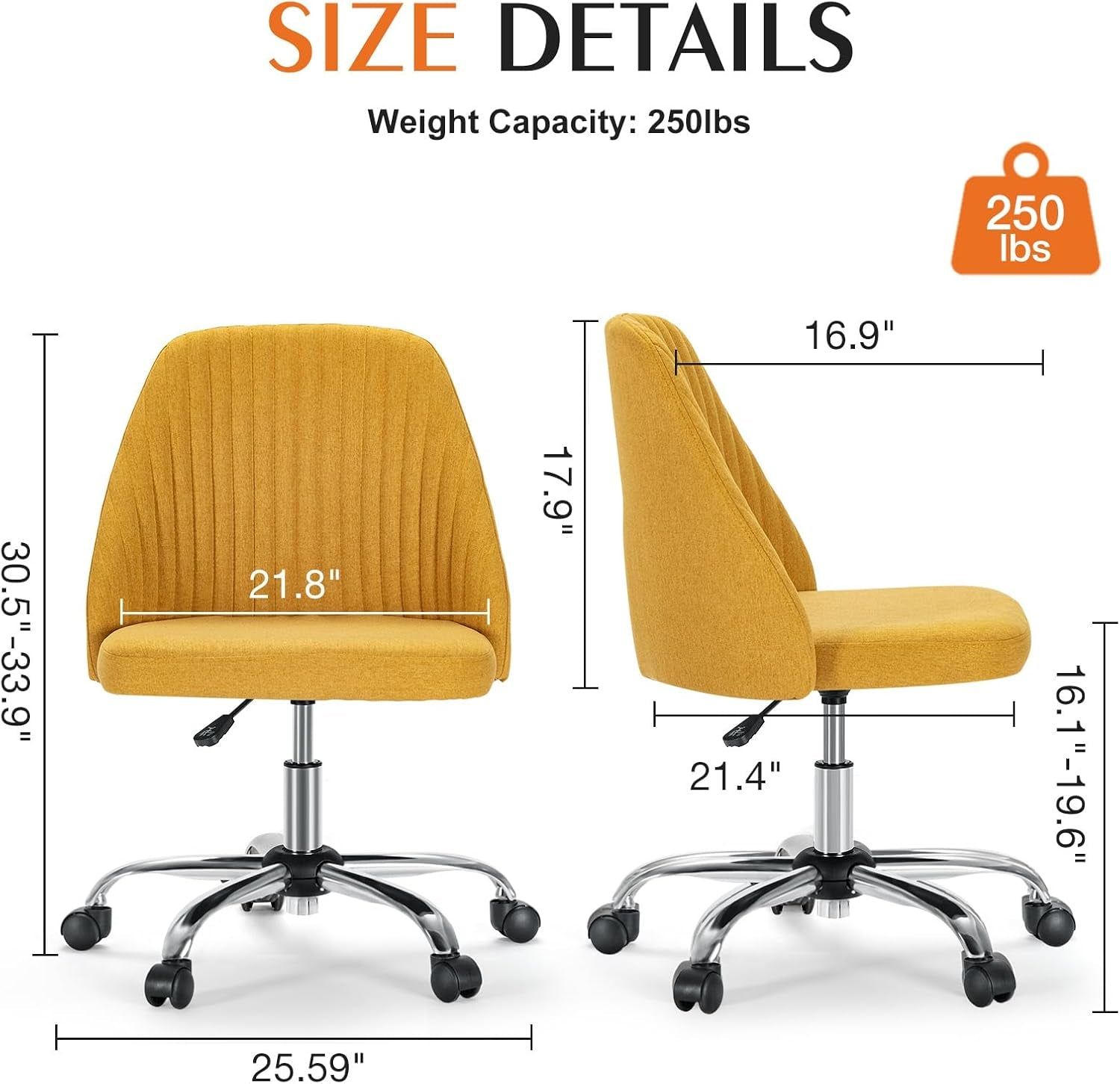 Armless Office Chair Cute Desk Chair, Modern Fabric Home Office Desk Chairs with Wheels Adjustable Swivel Task Computer Vanity Chair for Small Spaces