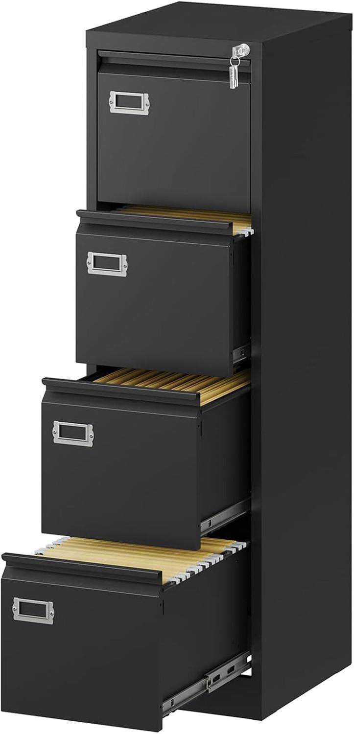 File Cabinet - 4 Drawers Vertical 17.8&quot; Deep Lockable Filing Cabinet Black Metal Storage Cabinets for Home Office to Hanging Files Letter/Legal/F4/A4 Size
