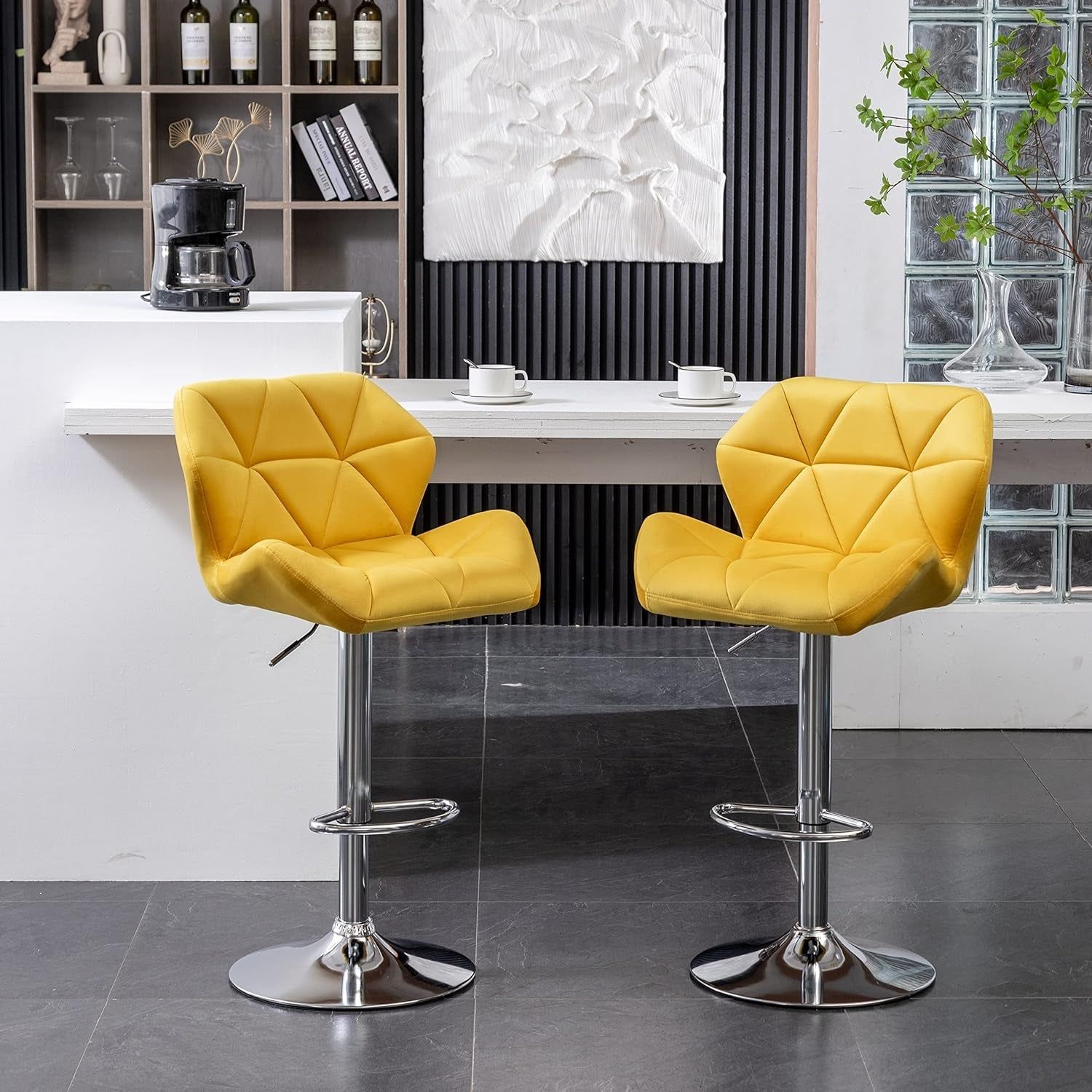 Breni Velvet Diamond Tufted Swivel Adjustable Height Barstools, Set of 2, Yellow