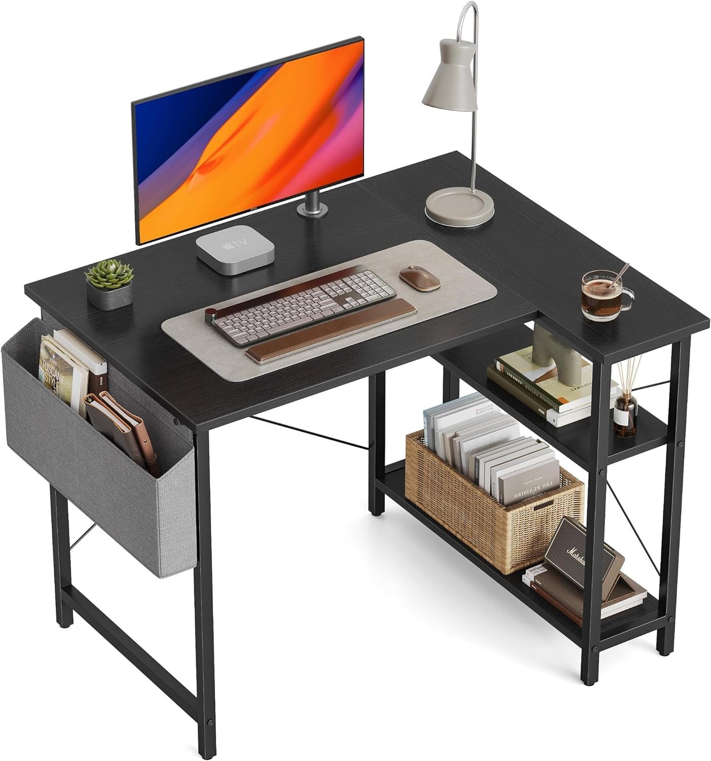 L Shaped Desk, 40 Inch Computer Desk with Reversible Storage Shelves Home Office Corner Desk Study Writing Table, Black