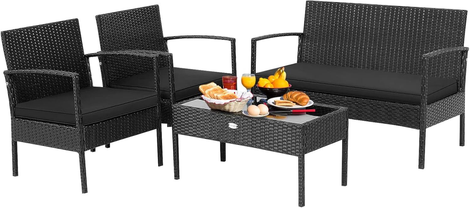 4 Piece Patio Rattan Conversation Set, Outdoor Wicker Furniture Set W/Glass Coffee Table, Solid Steel Structure, Ergonomic Seat, Suitable for Garden, Courtyard, Balcony, Poolside