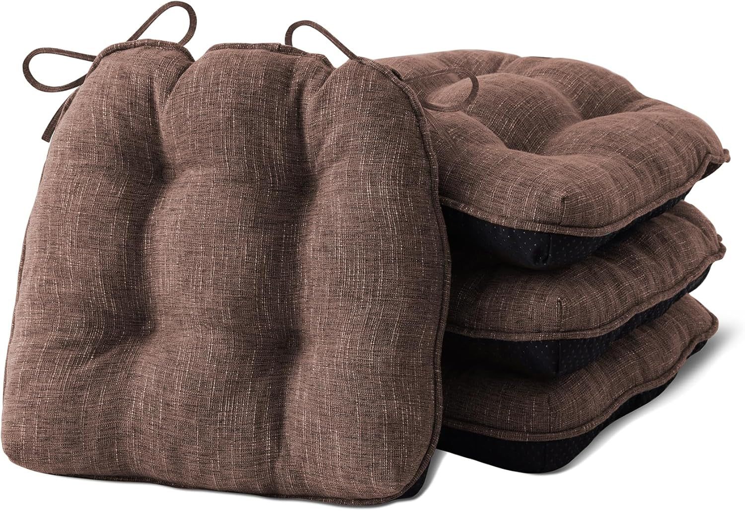 Chair Cushions for Dining Chairs Set of 4, Indoor Kitchen Chair Cushions with Ties and Non Slip Backing, Tufted Memory Foam Seat Cushions, Chair Pads 4 Pack, 15.5&quot; X 15.5&quot; X 4&quot;, Brown