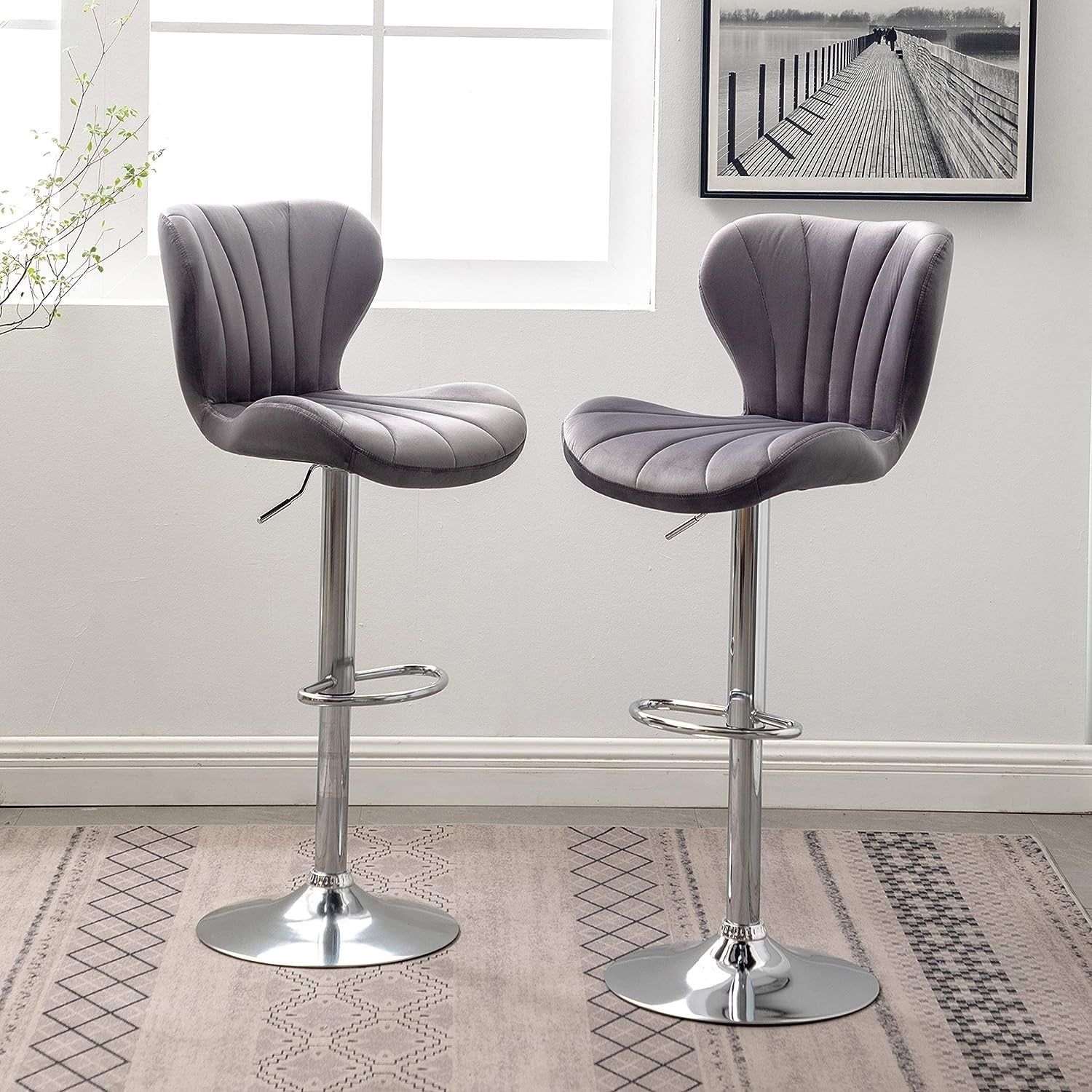 Ellston Velvet Adjustable Swivel Barstools in Gray, Set of 2, Grey
