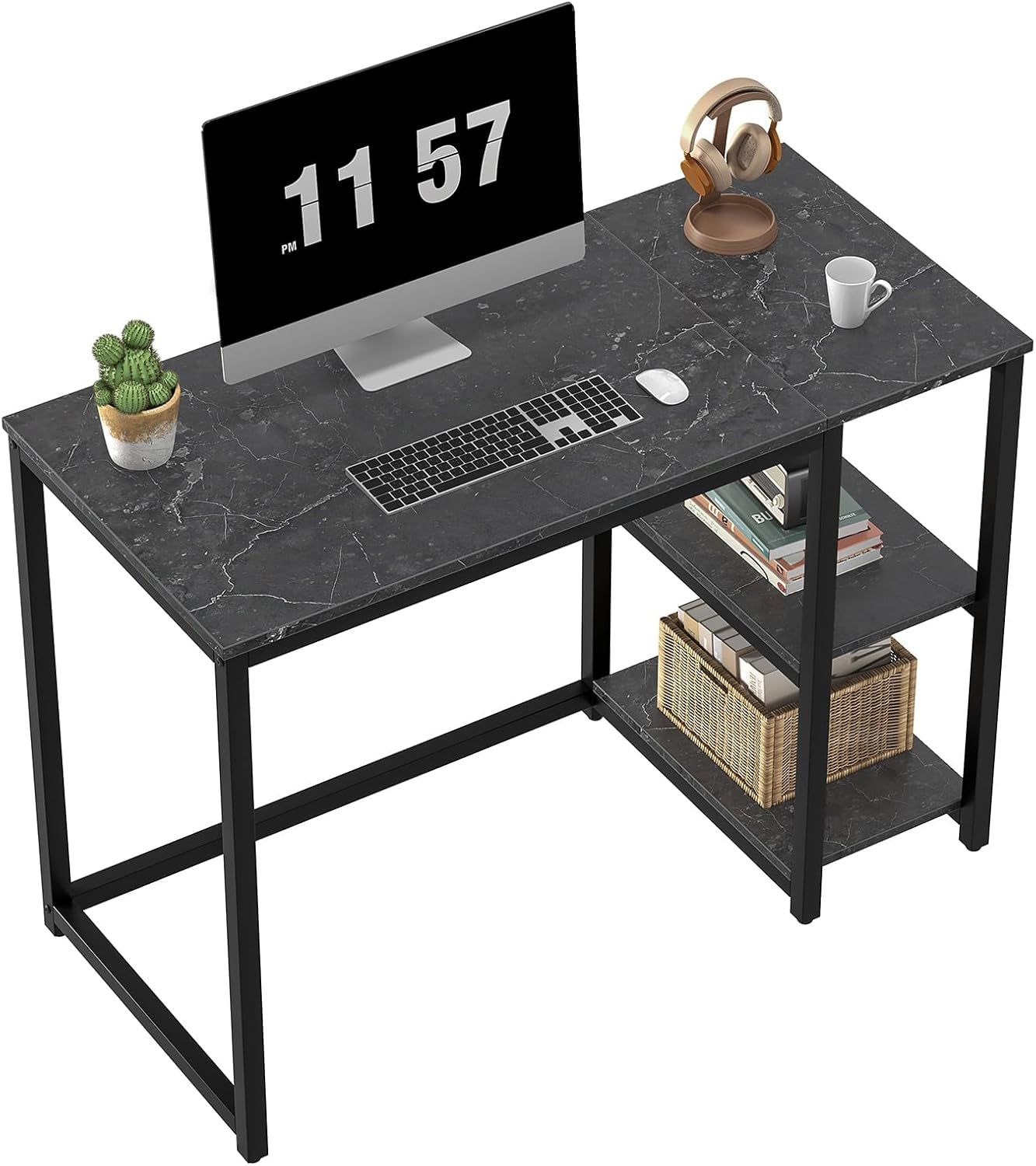 Computer Desk 40 Inches with 2-Tier Shelves Sturdy Home Office Desk with Large Storage Space Modern Gaming Desk Study Writing Laptop Table, Black Marbling (Black Marbling, 40)