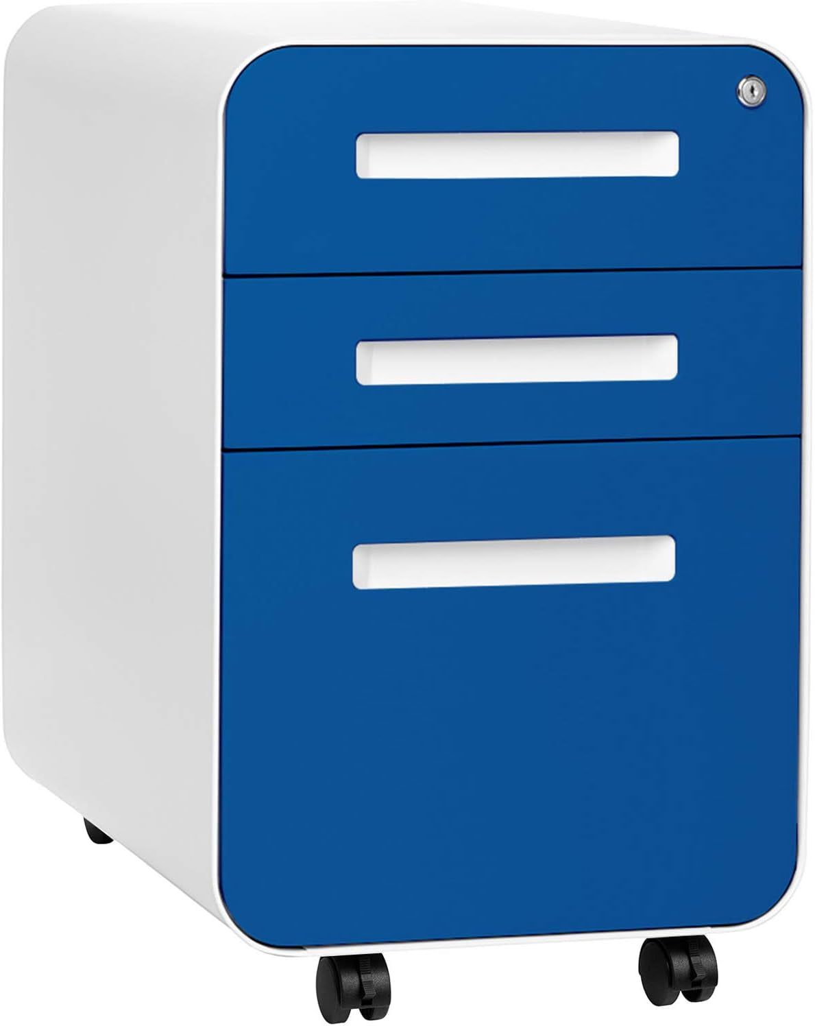 Stockpile 3 Drawer File Cabinet with Lock - under Office Desk Metal Filing Cabinet, Legal/Letter File Folders, Wheels and Stationary Feet, Pre-Assembled, Blue Faceplate