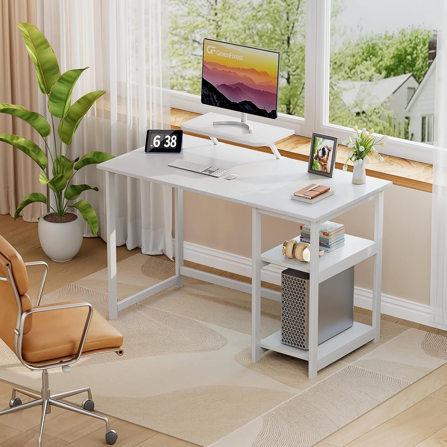 Computer Desk with Monitor Stand,39 Inch Small Desk with Reversible Storage Shelve,Home Office Work Desk for Small Spaces,Easy Assembly,Full White