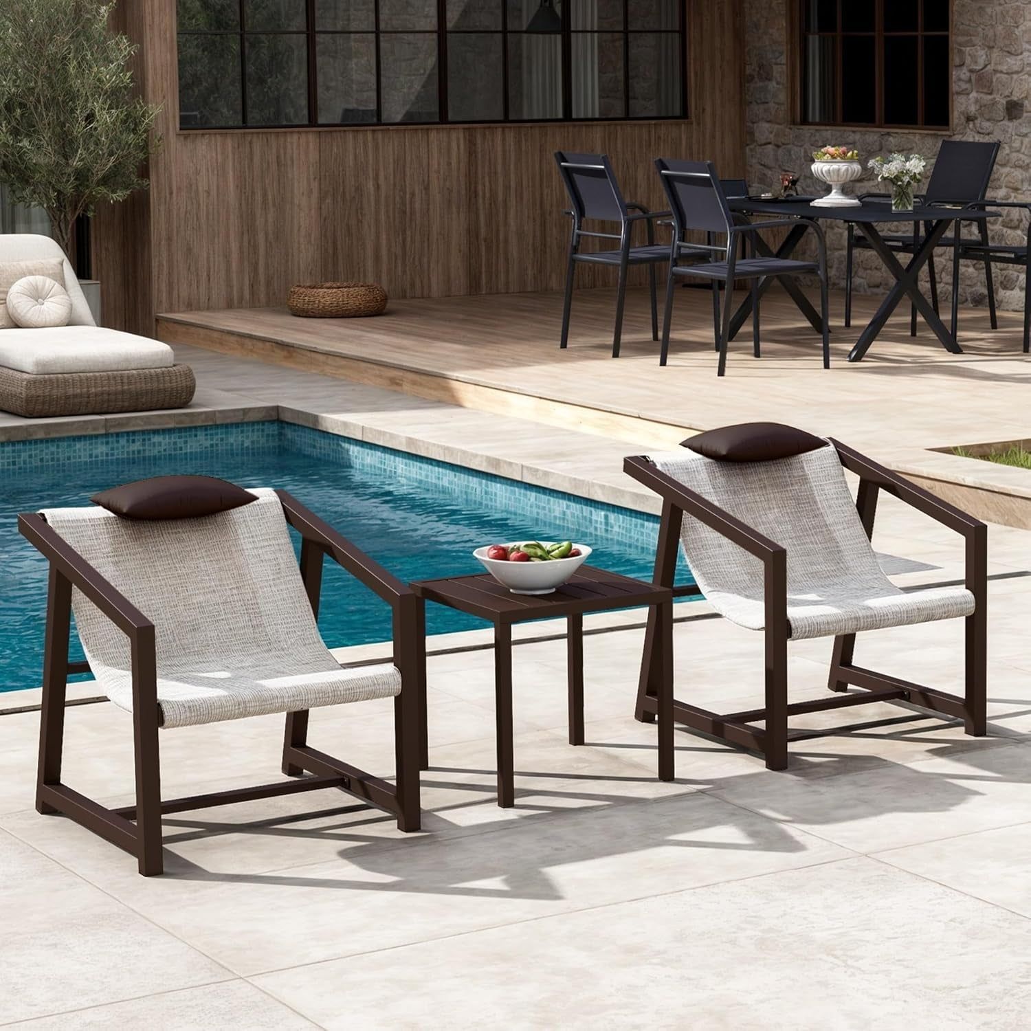 3 Pieces Patio Conversation Bistro Set, Textile Patio Furniture Set with Side Table &amp; Headrest Pillows, Outdoor Sectional Sofa for Patio, Balcony, Backyard, Garden, Poolside