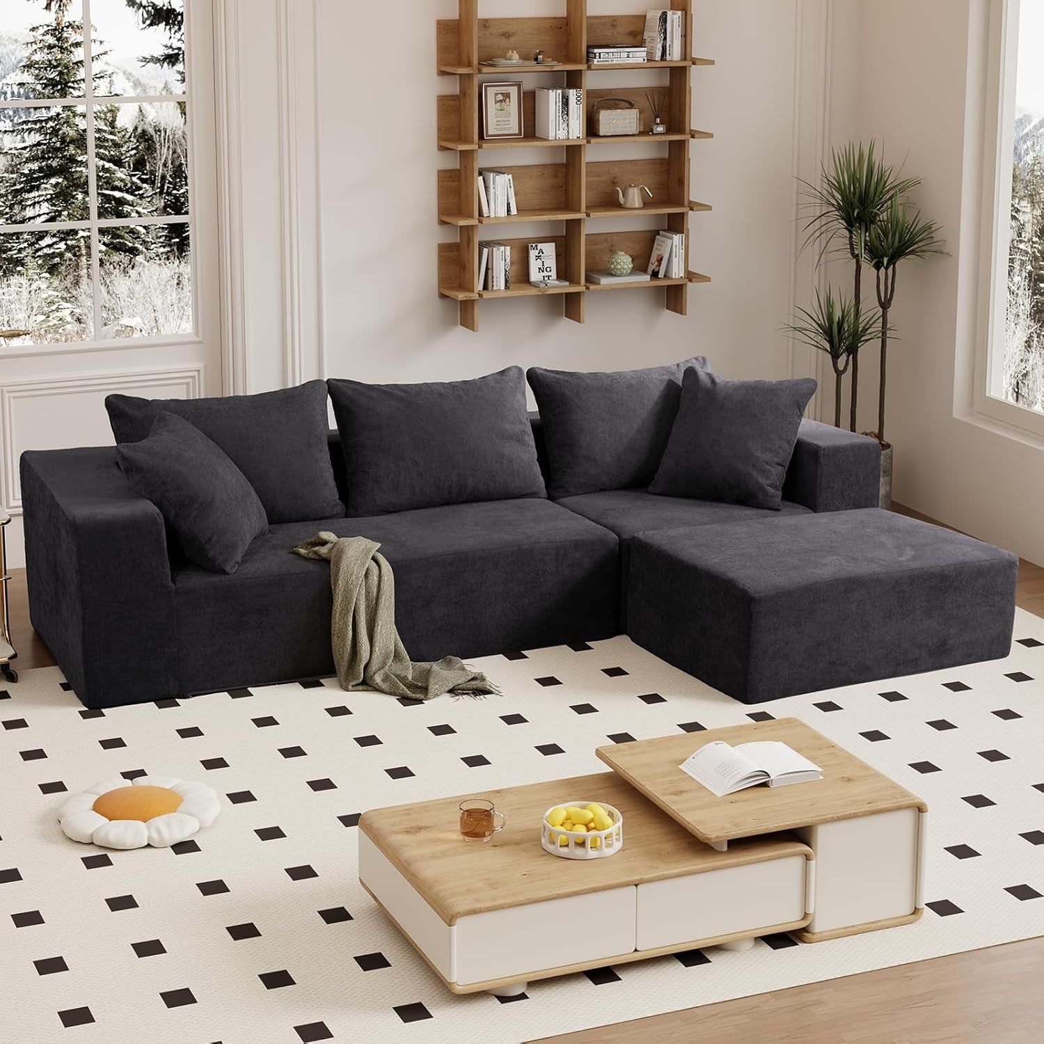Modular Sectional Sofa with Chaise, Modern L Shaped Cloud Couch with Deep Seat, Sectional Couches for Living Room, Bedroom, Office, No Assembly Required, Dark Grey