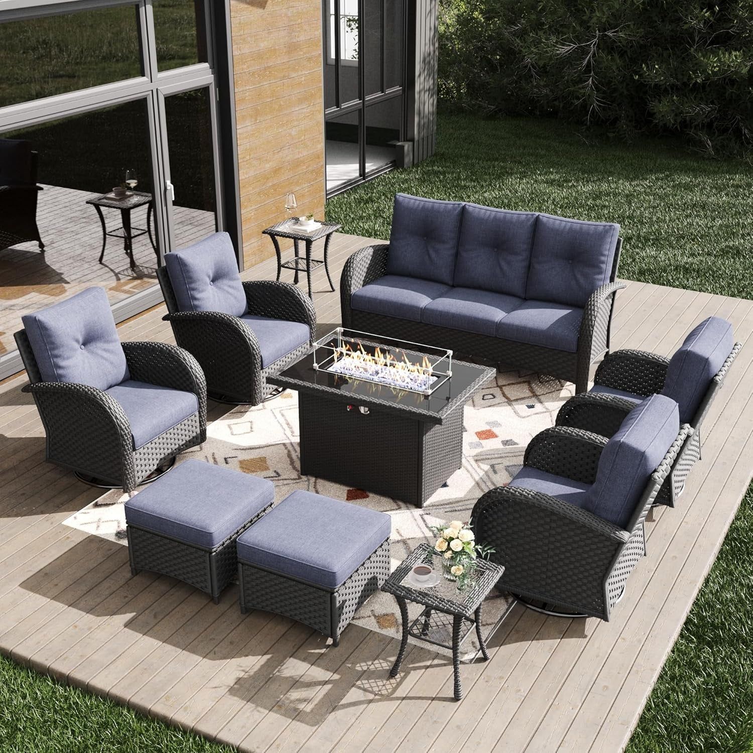 Outdoor Patio Furniture Sets with Fire Pit Table 10 Pieces Wicker Swivel Rocker Chairs and Sofa Sets for Backyard Deck