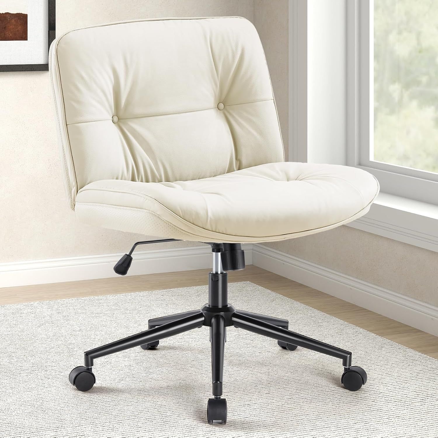 Criss Cross Chair with Wheels, Legged Office Armless Wide Seat, Adjustable Swivel Leather Task Vanity Home Office Desk Seating for Bedroom Dorm Student