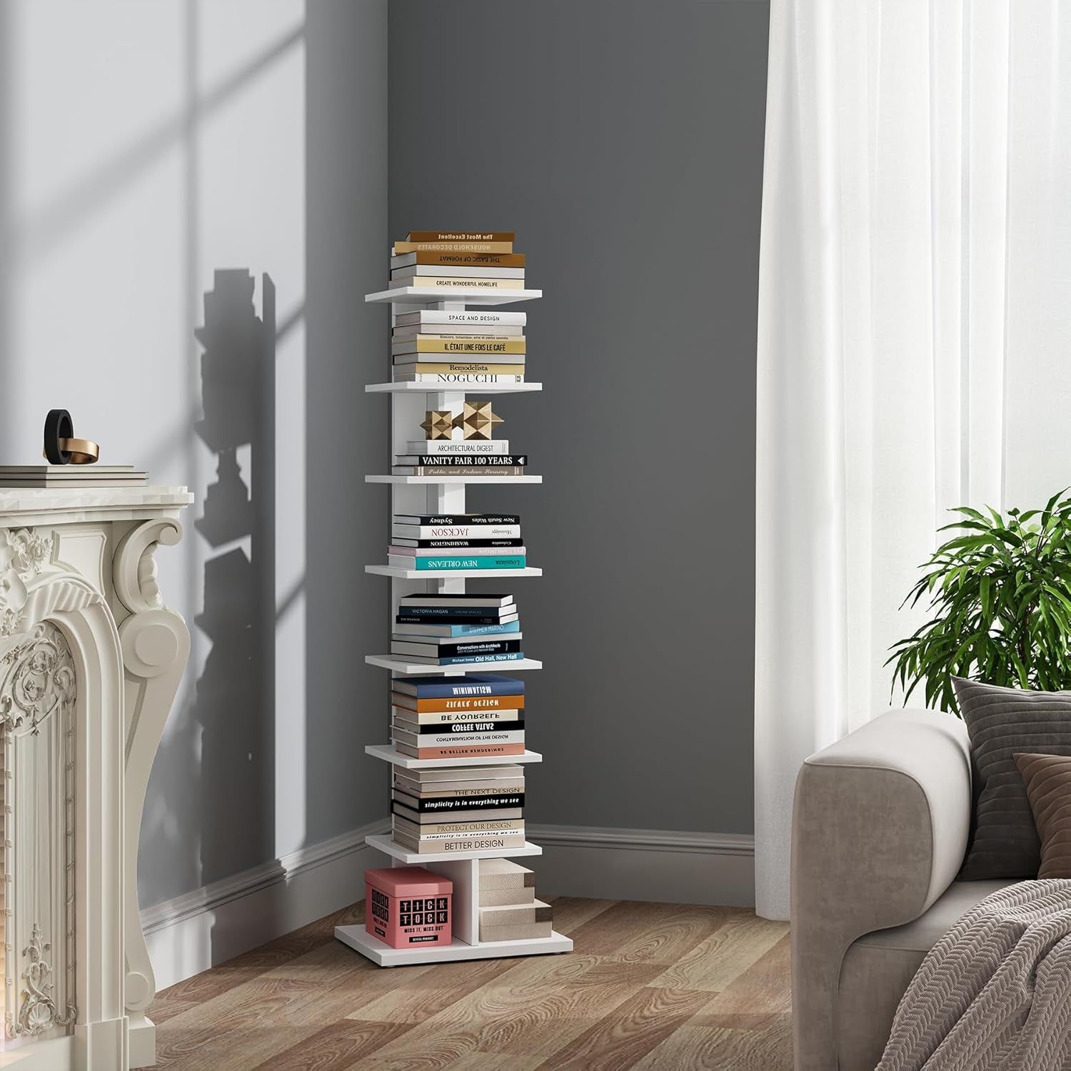 Vertical Bookshelf, 8-Tier Bookcase, Narrow Spine Book Shelf for Small Space, Corner Standing Shelf for Living Room, Office, Study, Entryway, White BS06BW008