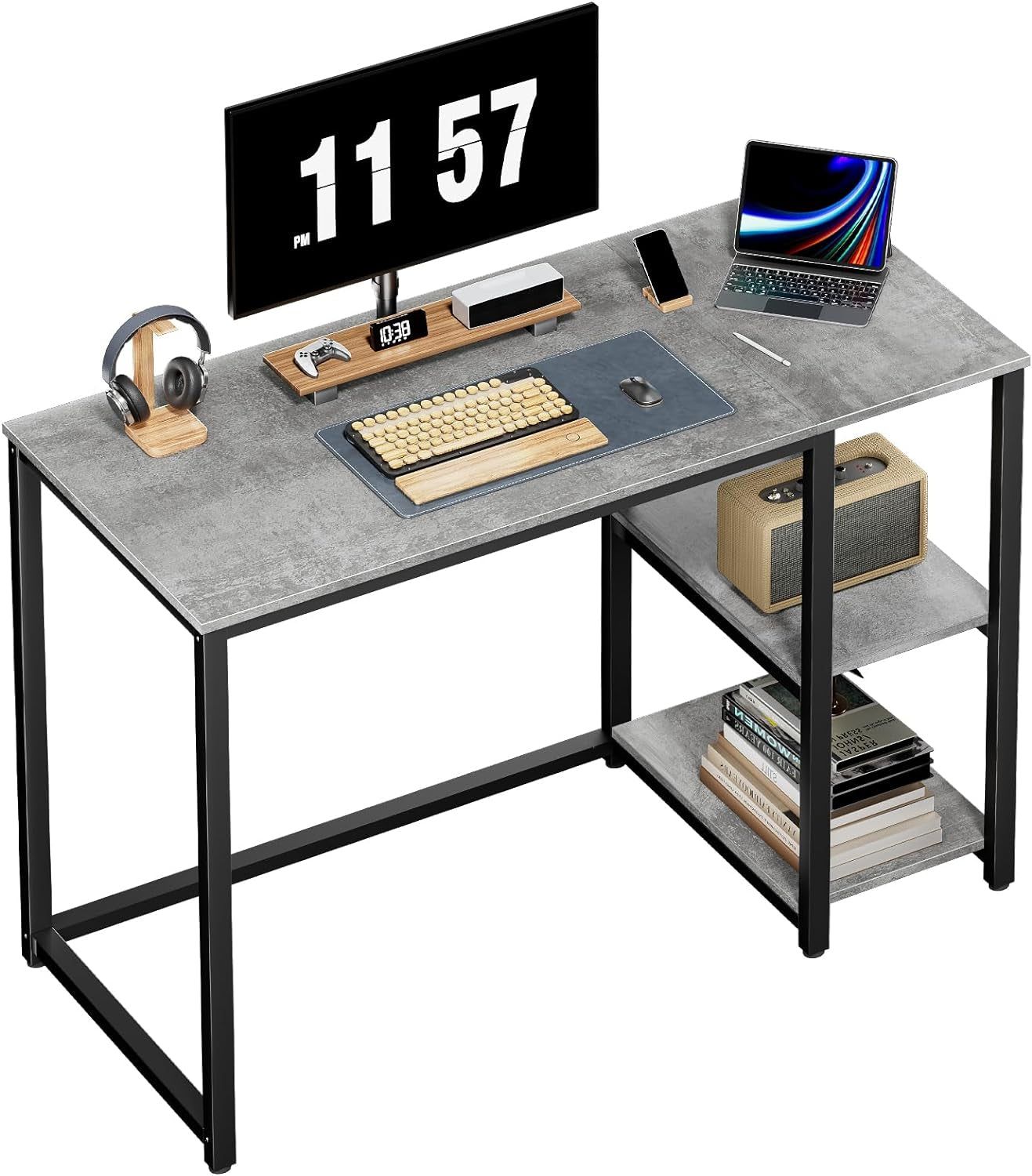Computer Desk 40 Inches with 2-Tier Shelves Sturdy Home Office Desk with Large Storage Space Modern Gaming Desk Study Writing Laptop Table, Gray Desk
