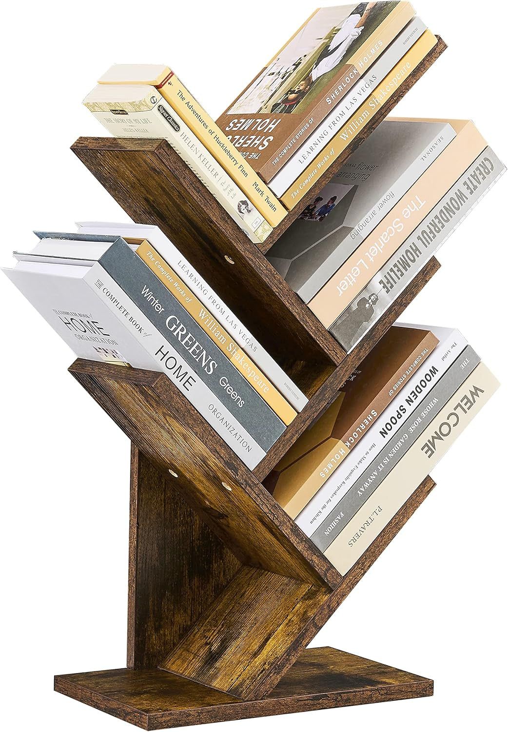 4 Tier Tree Bookshelf, 4 Shelf Bookcase, Modern Book Storage, Free Standing Tree Bookcase, Utility Organizer Shelves for Home Office, Living Room, Bedroom, Rustic Brown