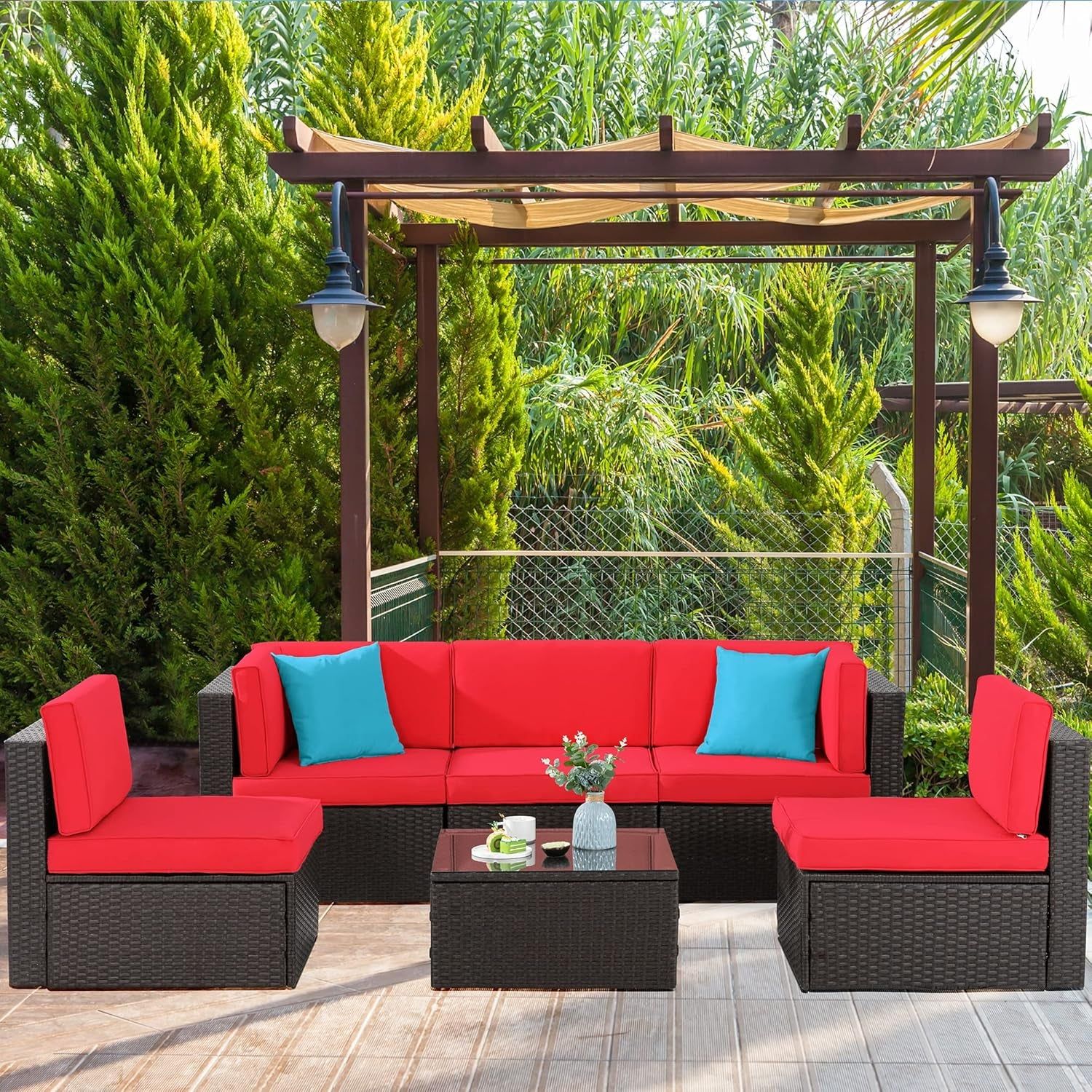 6 Pieces Patio Furniture Sets Outdoor All-Weather Sectional Patio Sofa Set PE Rattan Manual Weaving Wicker Patio Conversation Set with Glass Table&amp;Ottoman Cushion and Red Pillows, Red