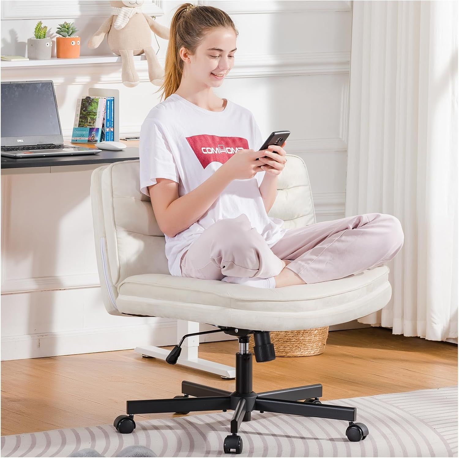 Criss Cross Chair with Wheels, Armless Wide Cross Legged Office Chair Mid Back, Modern Home Office Desk Chair Swivel Adjustable Vanity Computer Chair, Beige Velvet