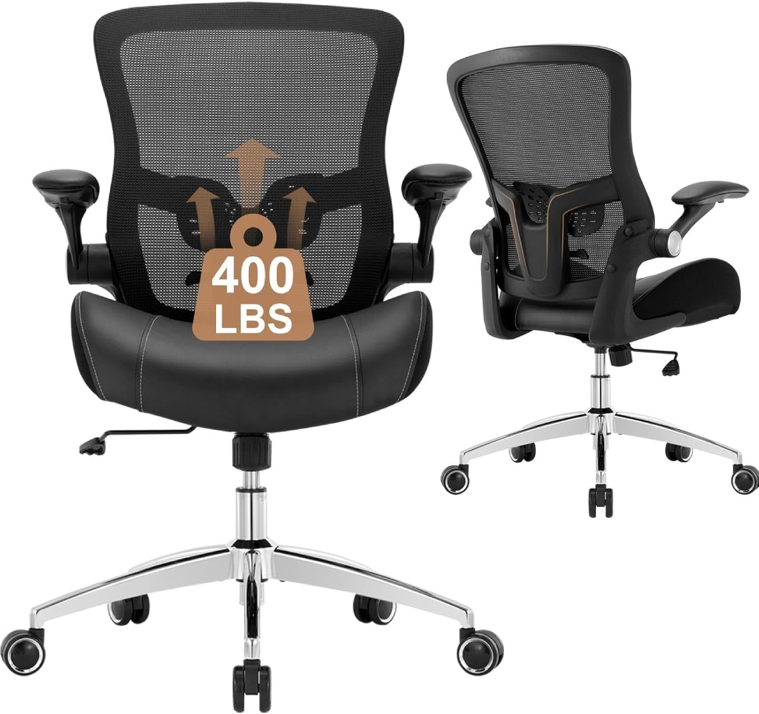 Big and Tall Office Chair 400Lbs, Heavy Duty Ergonomic Computer Desk Chair, Leather Office Desk Chair for Heavy People with Wide 3D Modeling Foam Seat, Adjustable Lumbar Support and Arms