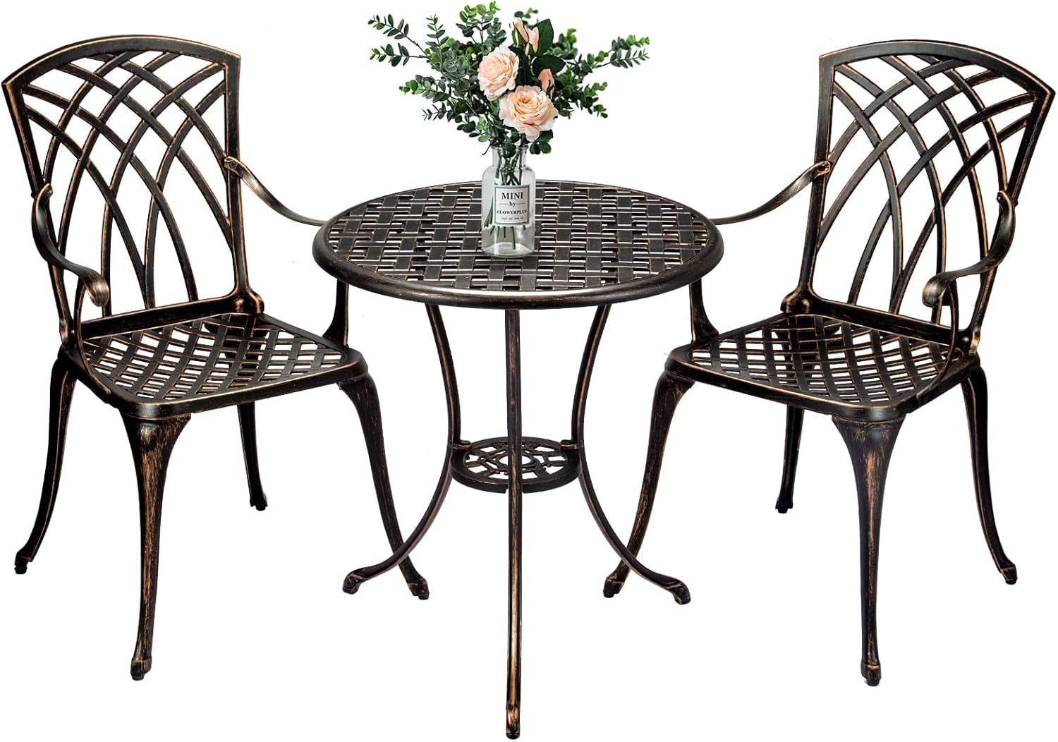 Cast Aluminum Patio Bistro Set with Umbrella Hole, 3 Piece Outdoor Bistro Set Rust-Resistant, Patio Table and Chairs, Outdoor/Indoor Use, for Garden,Backyard, Patio Balcony, Bronze