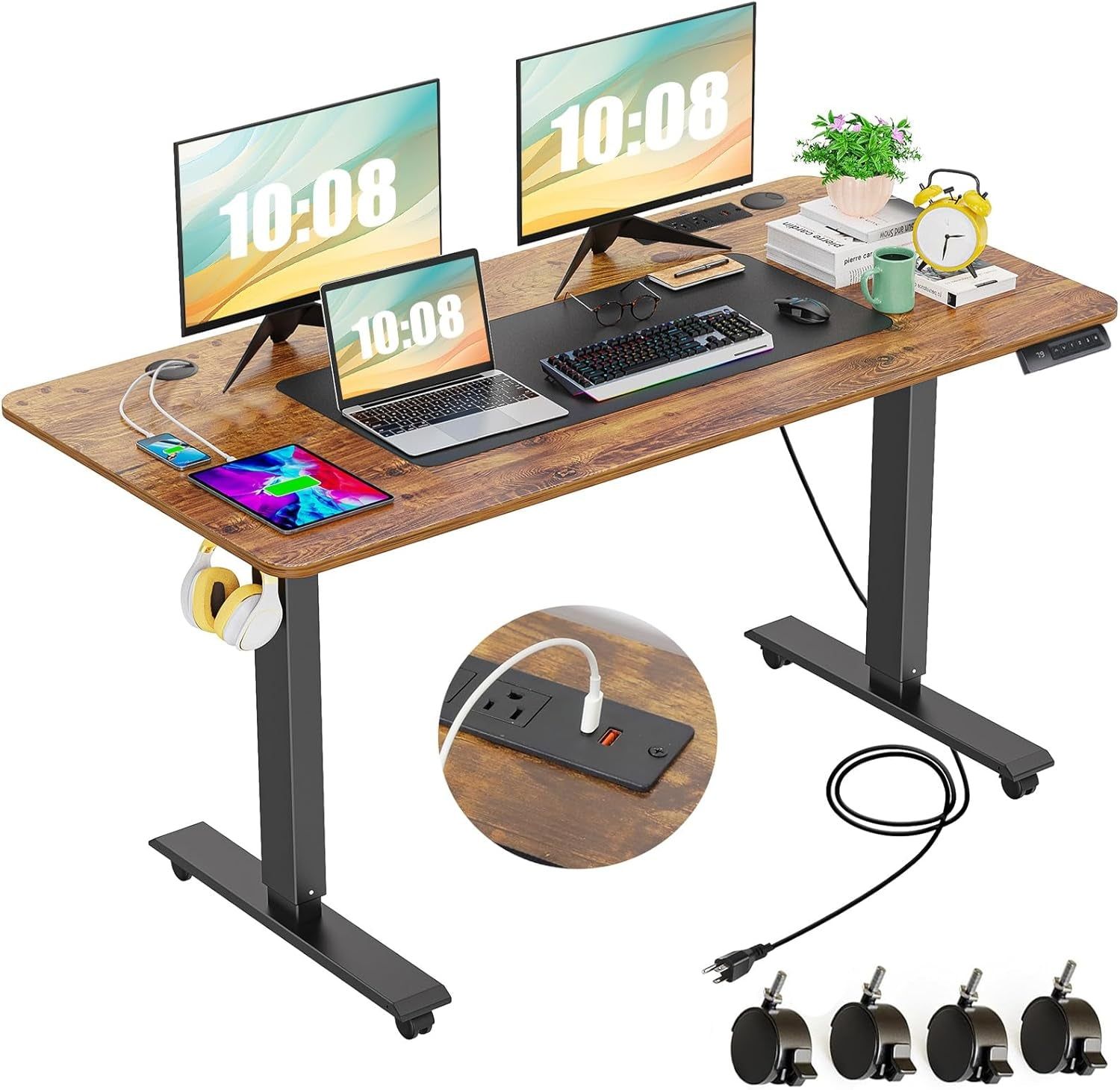 Electric Standing Desk 55 X 24In with Charging Station, Stand up Desk with Oversized Mouse Pad, 2 USB Ports &amp; 3 Power Outlets, 4 Caster, 4 Preset Heights Easy to Set（Brown）