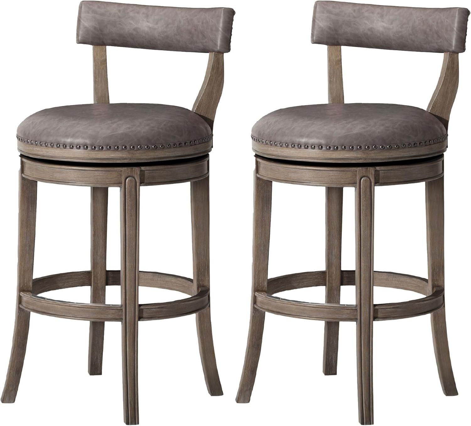 Alexander 31 Inch Tall Bar Height Rotating Low Back Barstool in Reclaimed Oak Finish with Ronan Stone Vegan Leather Seat, Set of 2