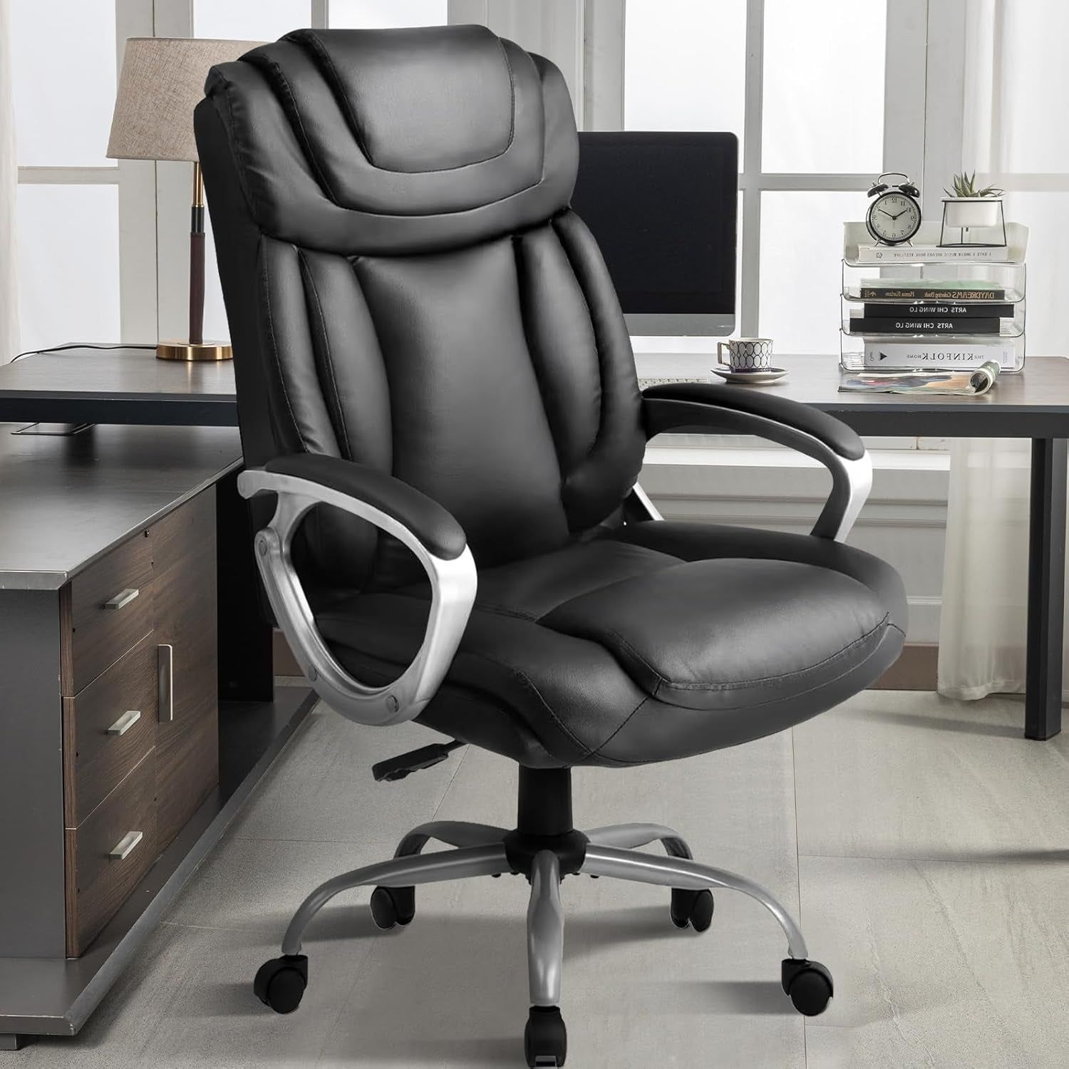 Ergonomic Office Chair Home Office Desk Chairs Comfy Back Support PU Leather Executive Office Chair with Wheels Headrest Padded Armrests Height Adjustable Tilt Swivel Rolling Reclining Seat