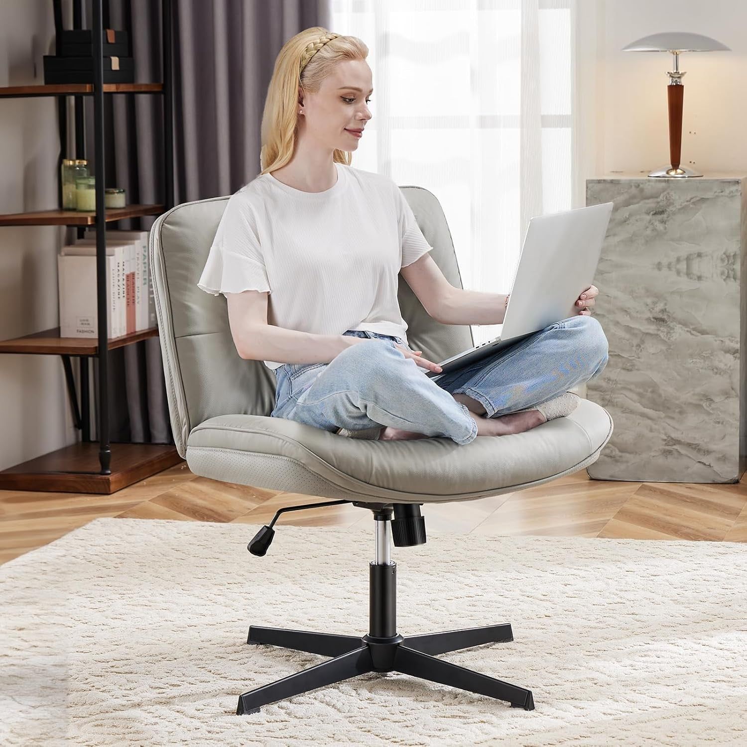 Criss Cross Legged Chair, Armless Office Desk Wide Seat No Wheels, Swivel Height Adjustable Comfy Computer Task Seating Modern Home Room