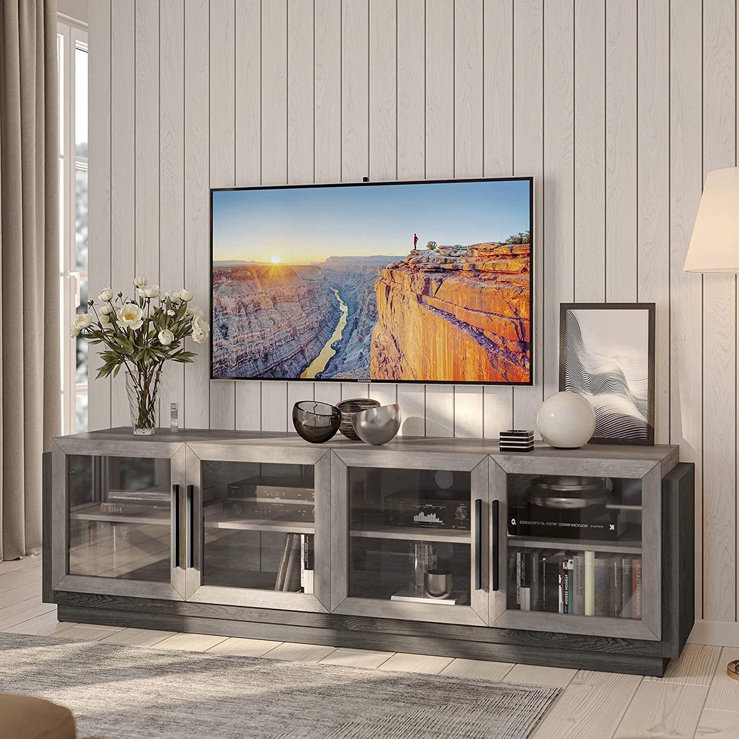 Modern TV Cabinet &amp; Entertainment Center with Shelves, Wood Storage Cabinet