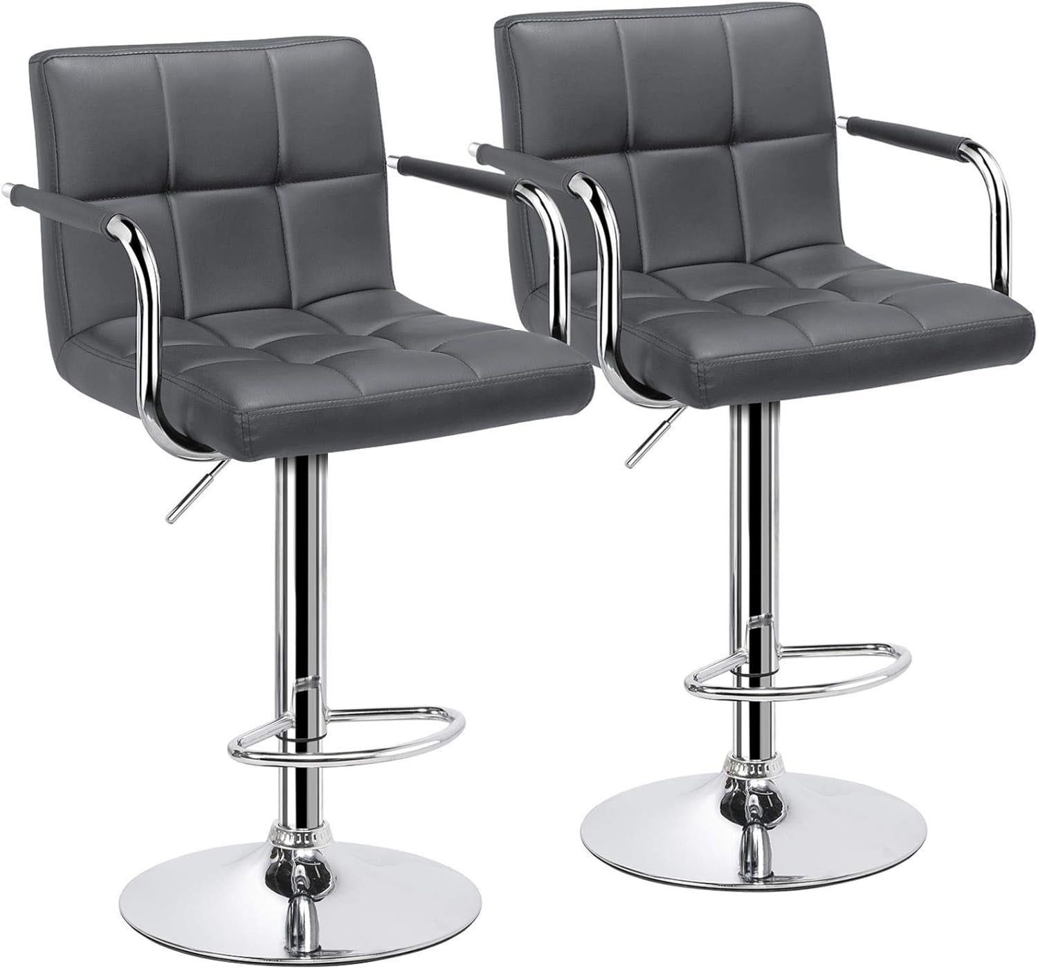 Bar Stools, Adjustable PU Leather Swivel Barstools, Modern Counter Stools with Back and Footrest, Counter Height Barstools for Bar, Kitchen, Dining Room, Set of 2, Grey