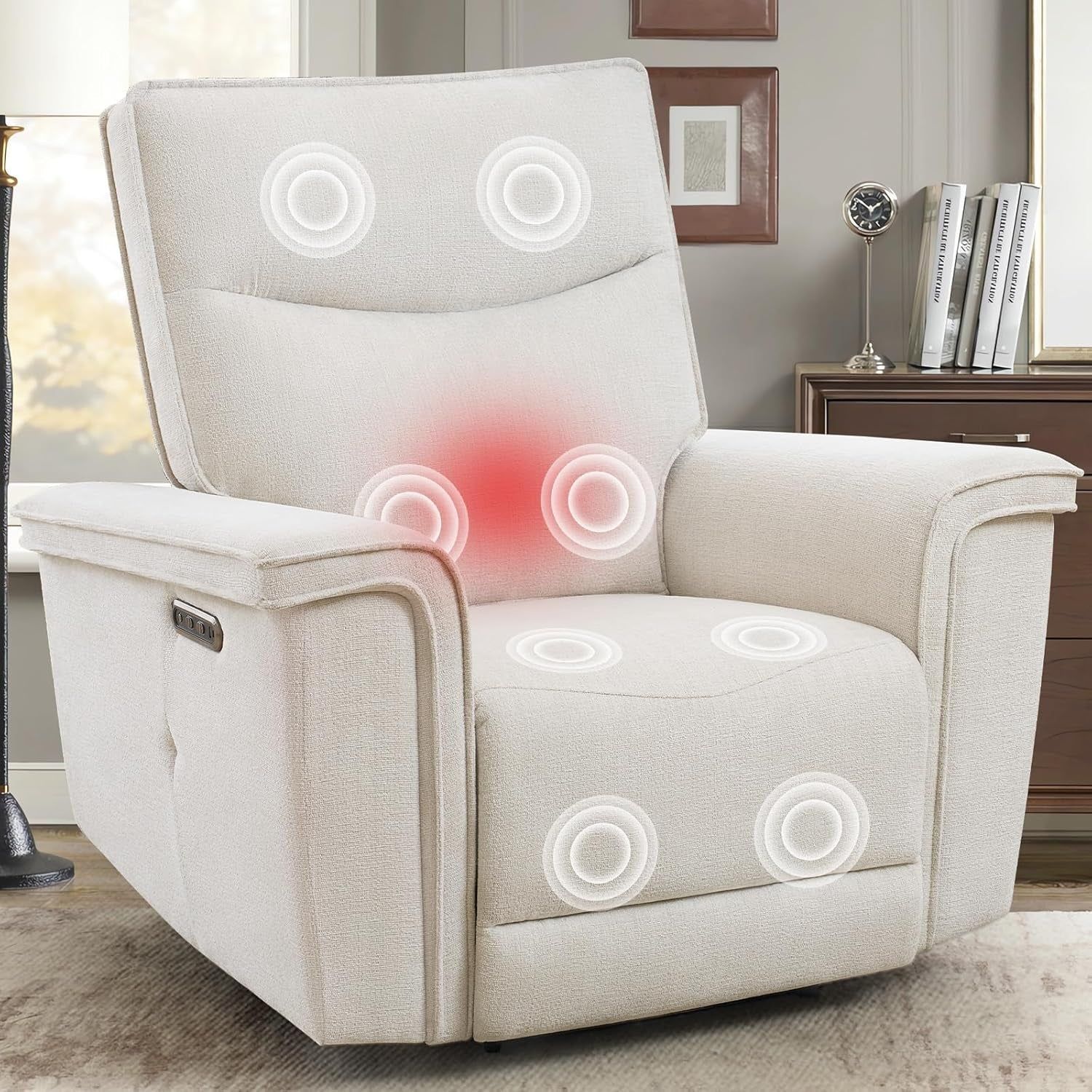 Oversized Power Recliner Chair with Massage and Heat, Upgraded Chenille 44&#39;&#39; Extra Wide Recliner Chairs for Adults with Power Headrest, Electric Recliner for Living Room, Beige
