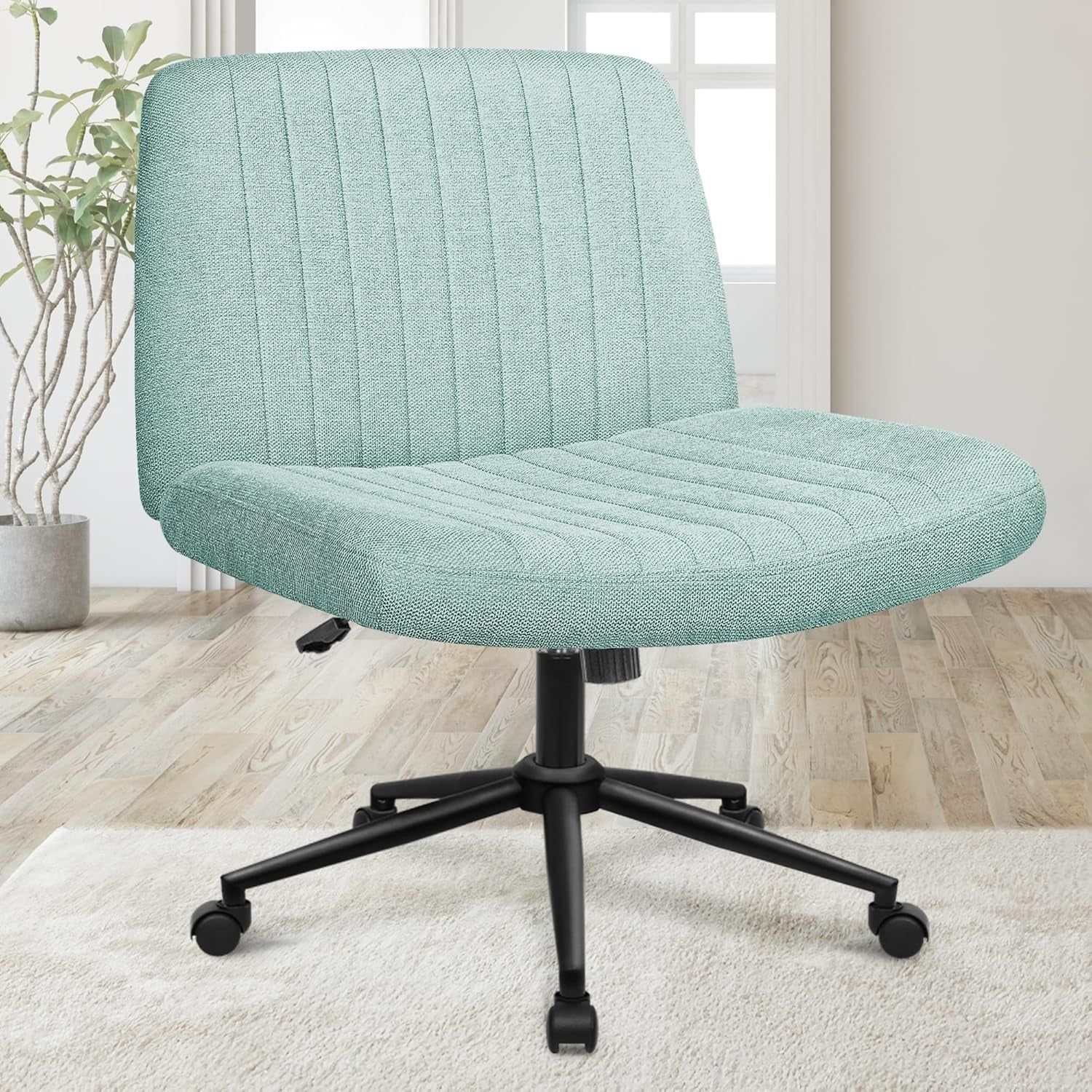 Criss Cross Chair with Wheels, Armless Cross Legged Office Desk Chair, Wide Comfy Vanity Rolling Swivel Modern Comfortable Fabric Computer Task Chairs for Home Office (Mint)