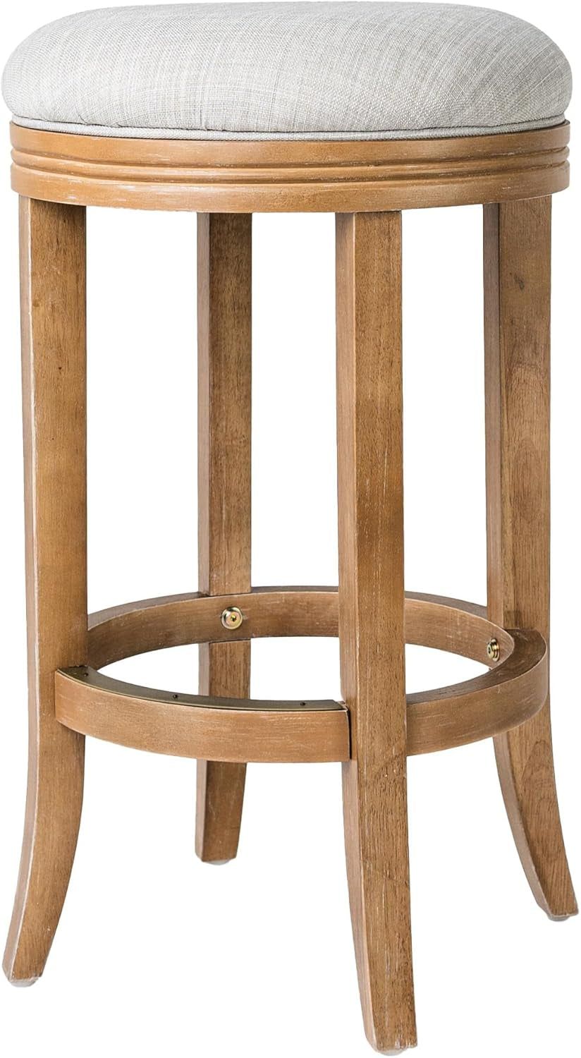 Eva 31 Inch Tall Bar Height Rotating Backless Barstool in Weathered Oak Finish with Sand Color Fabric Upholstered Seat