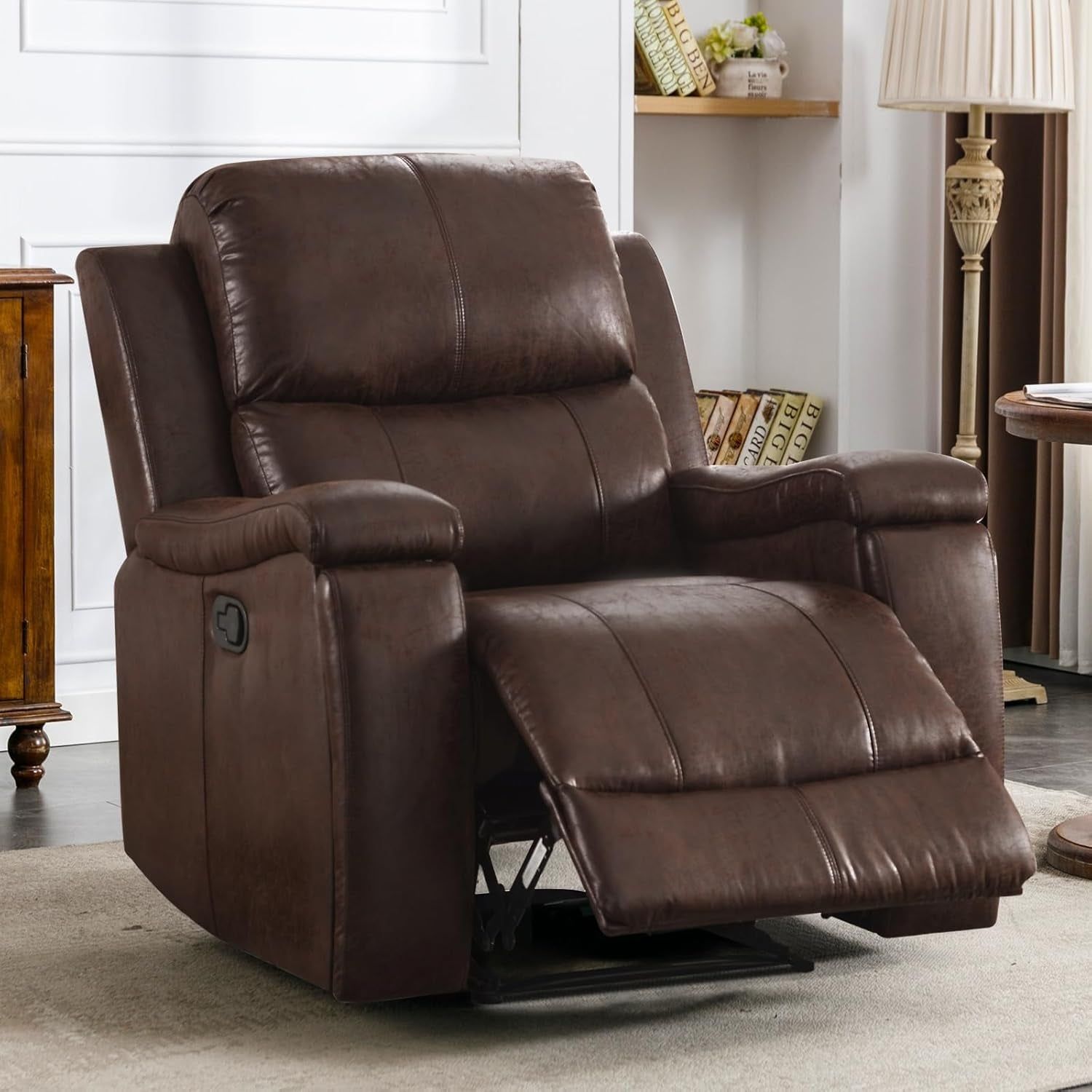Leather Recliner Chair, Classic and Traditional Manual Recliner Chair with Overstuffed Arms and Back, Manual Single Sofa with Concealed Cup Holders,Red Brown