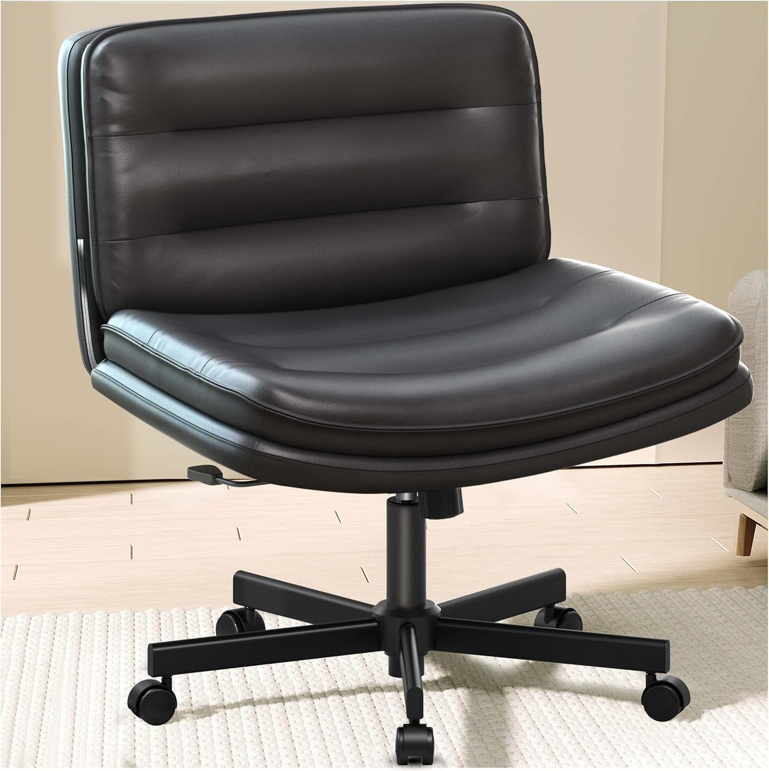 Criss Cross Chair with Wheels, Armless Wide Cross Legged Office Chair Mid Back, Modern Home Office Desk Chair Swivel Adjustable Vanity Computer Chair, Black