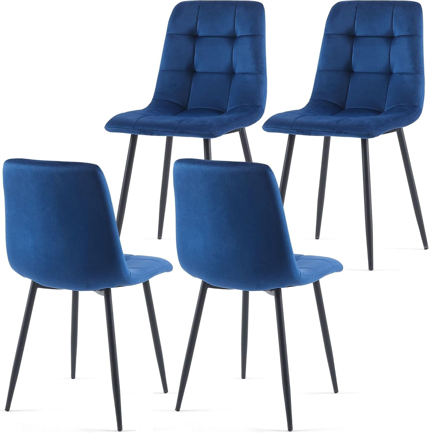 Navy Blue Velvet Dinner Chairs Set of 4, Modern Armless Biscuit Tufted Dining Side Chairs with Metal Legs for Kitchen Living Room Vanity