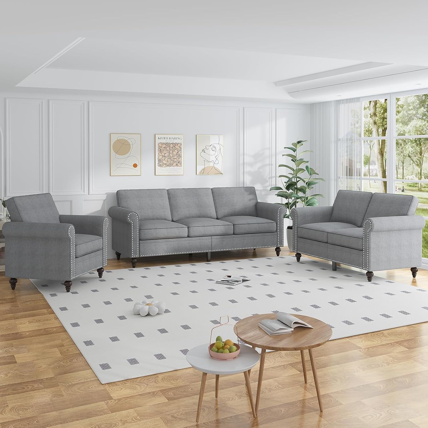3PCS Sofa Set for Living Room,Modern Linen Couch Set with Nailhead Trim Design, Living Room Furniture Set for Office Apartment Home(Sofa &amp; Loveseat &amp; Chair/Light Grey)