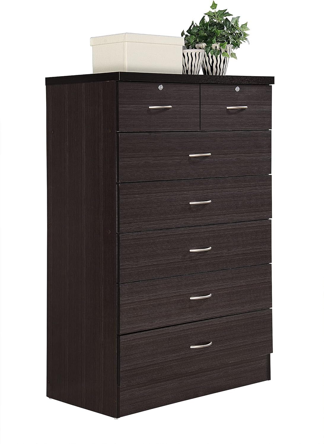 7 Drawer Wood Dresser for Bedroom, 31.5 Inch Wide Chest of Drawers, with 2 Locks on the Top Drawers, Storage Organization Unit for Clothing, Chocolate