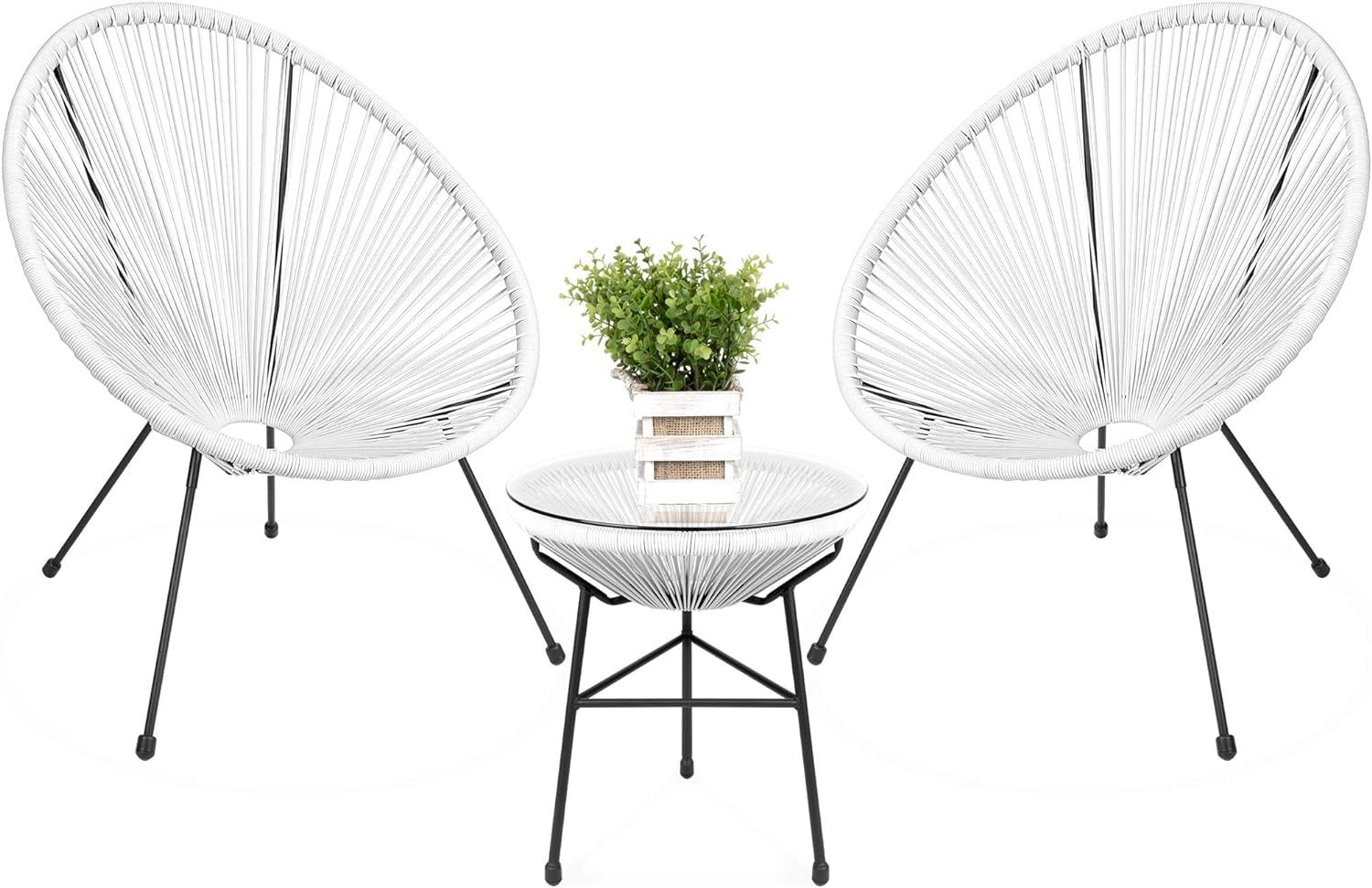 3-Piece Outdoor Acapulco All-Weather Patio Conversation Bistro Set W/Plastic Rope, Glass Top Table and 2 Chairs - White