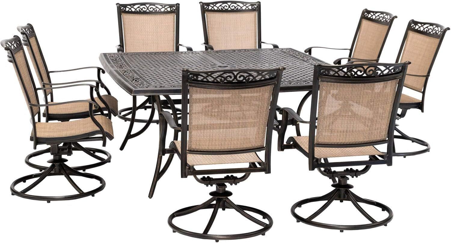 Fontana 9-Piece Outdoor Dining Set, Rust-Resistant Aluminum Outdoor Patio Dining Set for 8 with Swivel Rockers and 60&quot; Square Cast-Top Patio Table, Perfect for Backyard, Patio, Deck, and Porch
