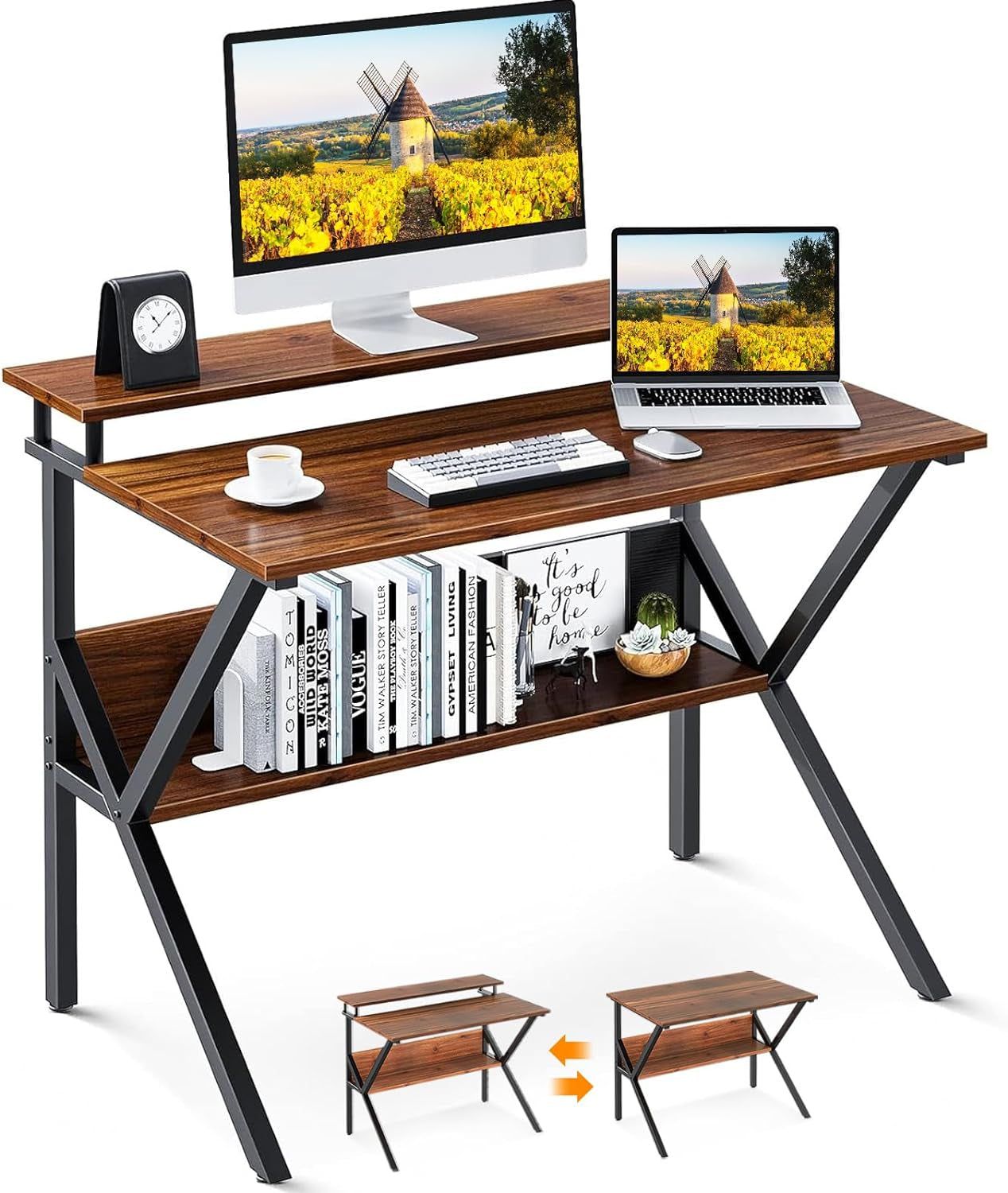 Small Desk, 27.5 Inch Small Computer Desk for Small Spaces, Compact Desk with Storage, Tiny Desk Study Desk with Monitor Stand for Home Office, Espresso