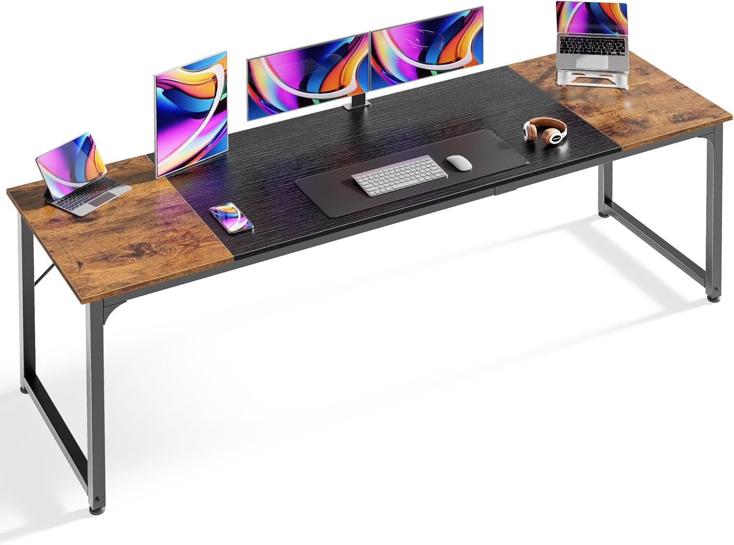 Computer Desk, 80 Inch Office Desk, Gaming Desk with Storage, Writing Desk Work Desk for Home Office, Study, Long Simple Desk, Large Legroom, Metal Frame, Rustic Brown and Black