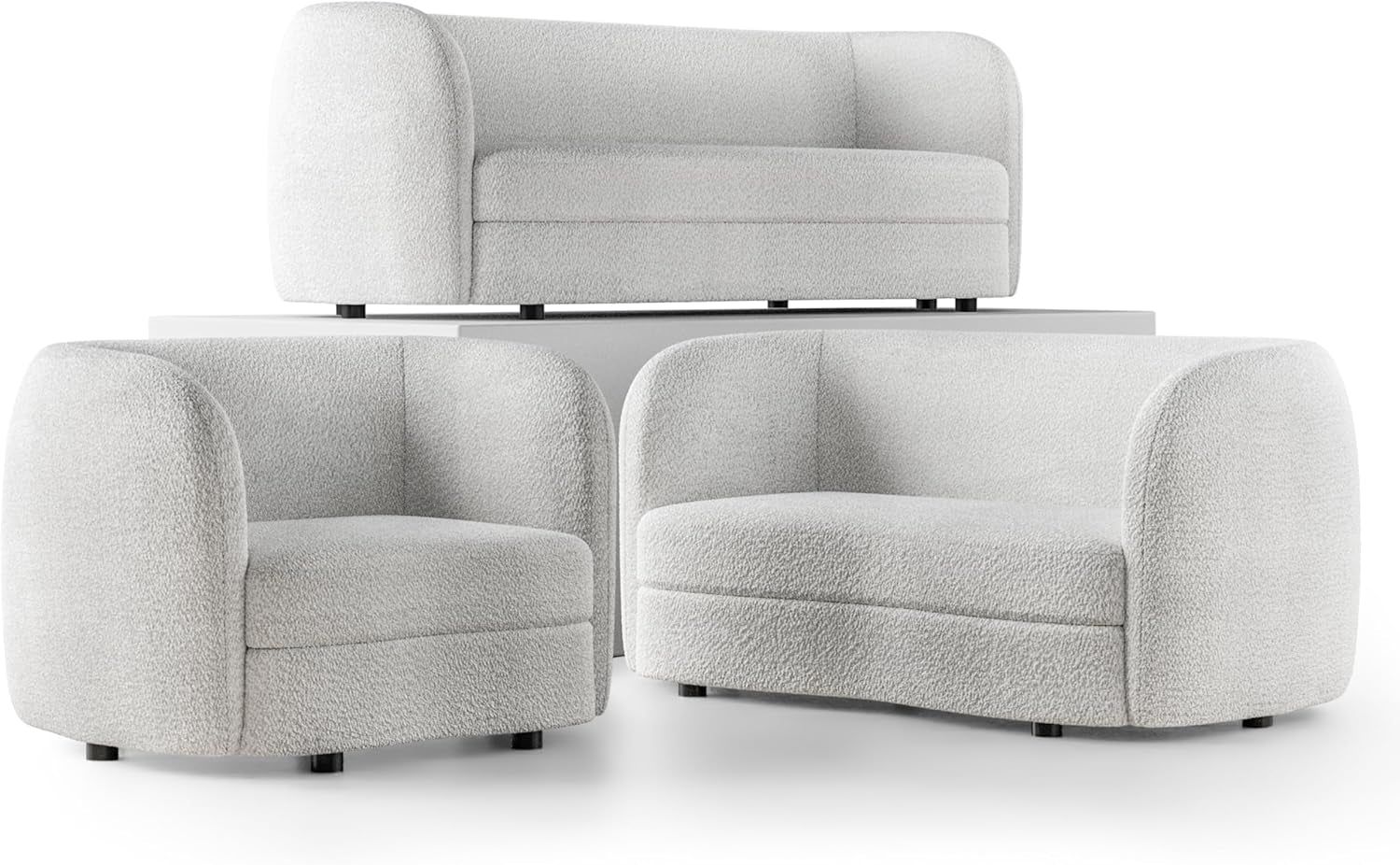 Nimiane Modern Boucle 3 Piece Sofa Set with Curved Arms and Wooden Legs, Accent Furniture Sets for Living Room, Home Office, Bedroom, Lounge, Off-White